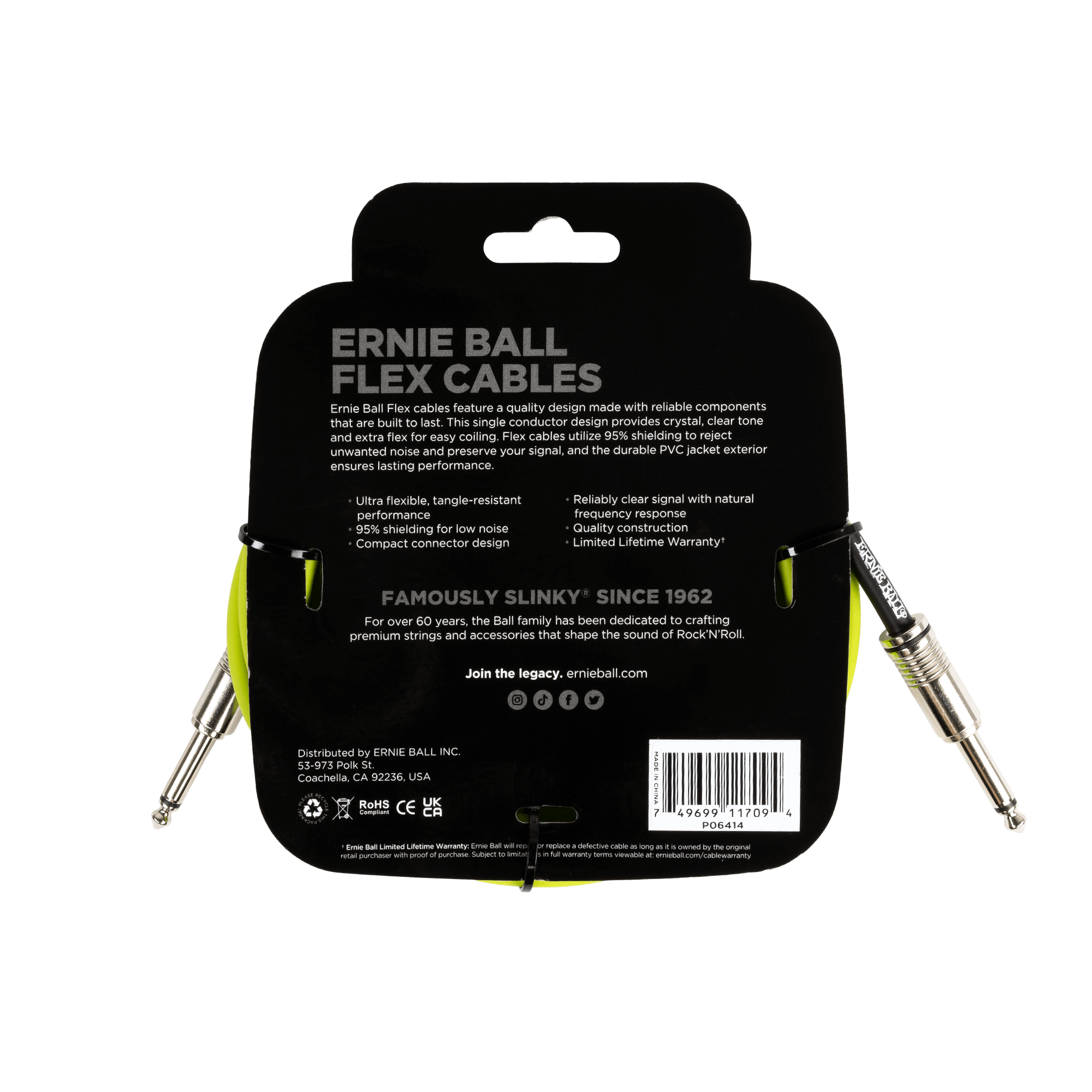 Confezione nera con Ernie Ball Flex Cables. Due cavi per strumenti con connettori argentati e sfondo nero.