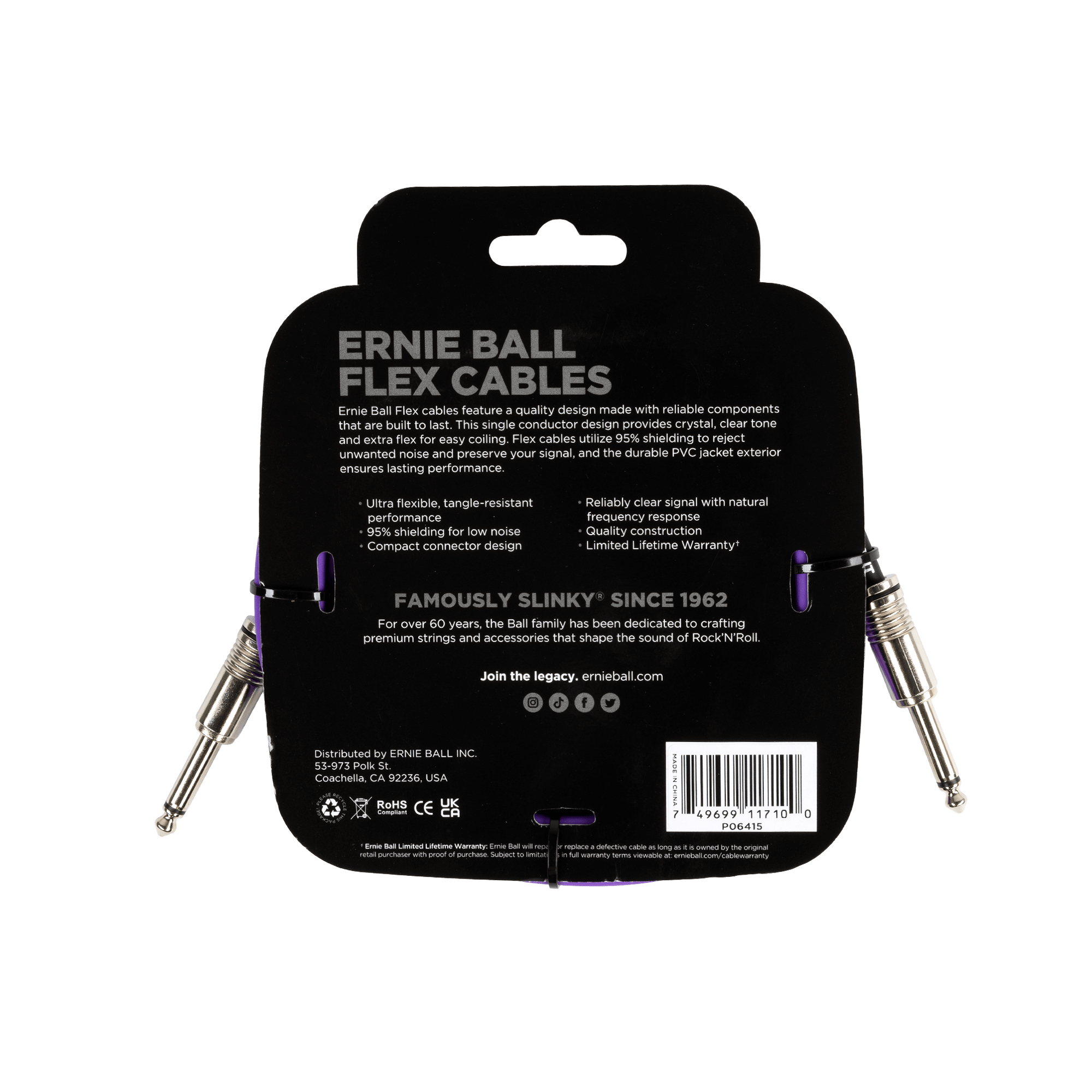 Confezione nera con Ernie Ball Flex Cables. Due cavi per strumenti con connettori argentati e sfondo nero.