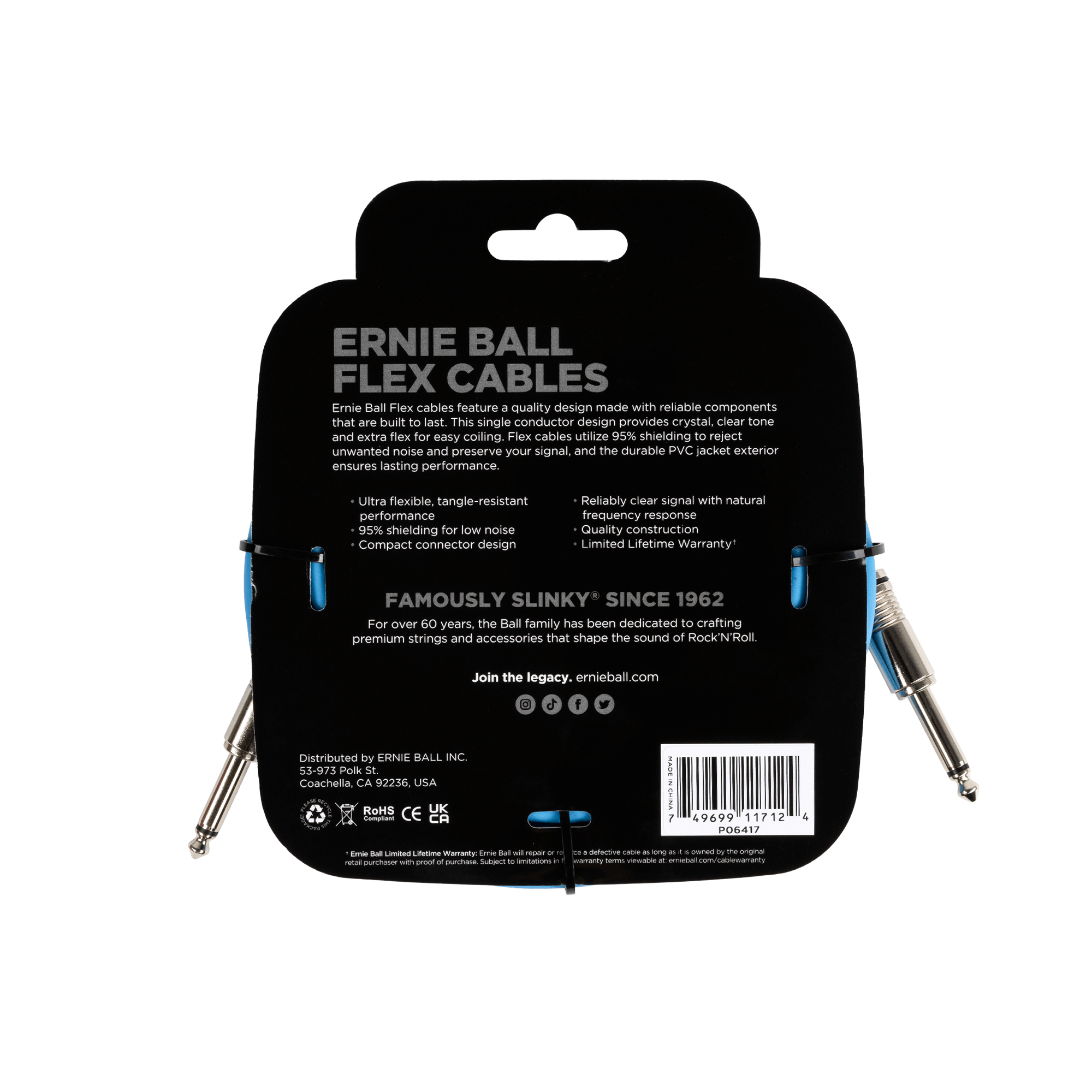 Confezione nera con Ernie Ball Flex Cables. Due cavi per strumenti con connettori argentati e sfondo nero.