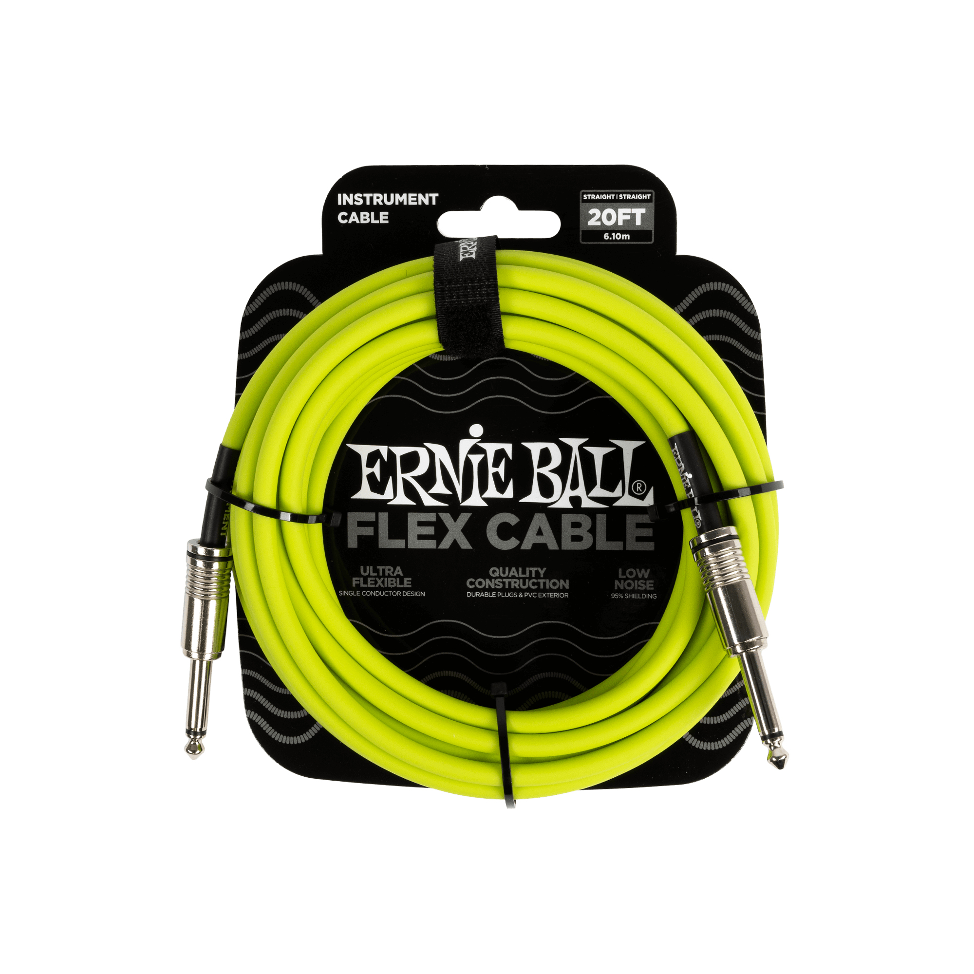 Un cavo per strumenti giallo neon nella confezione, con il marchio "Ernie Ball".