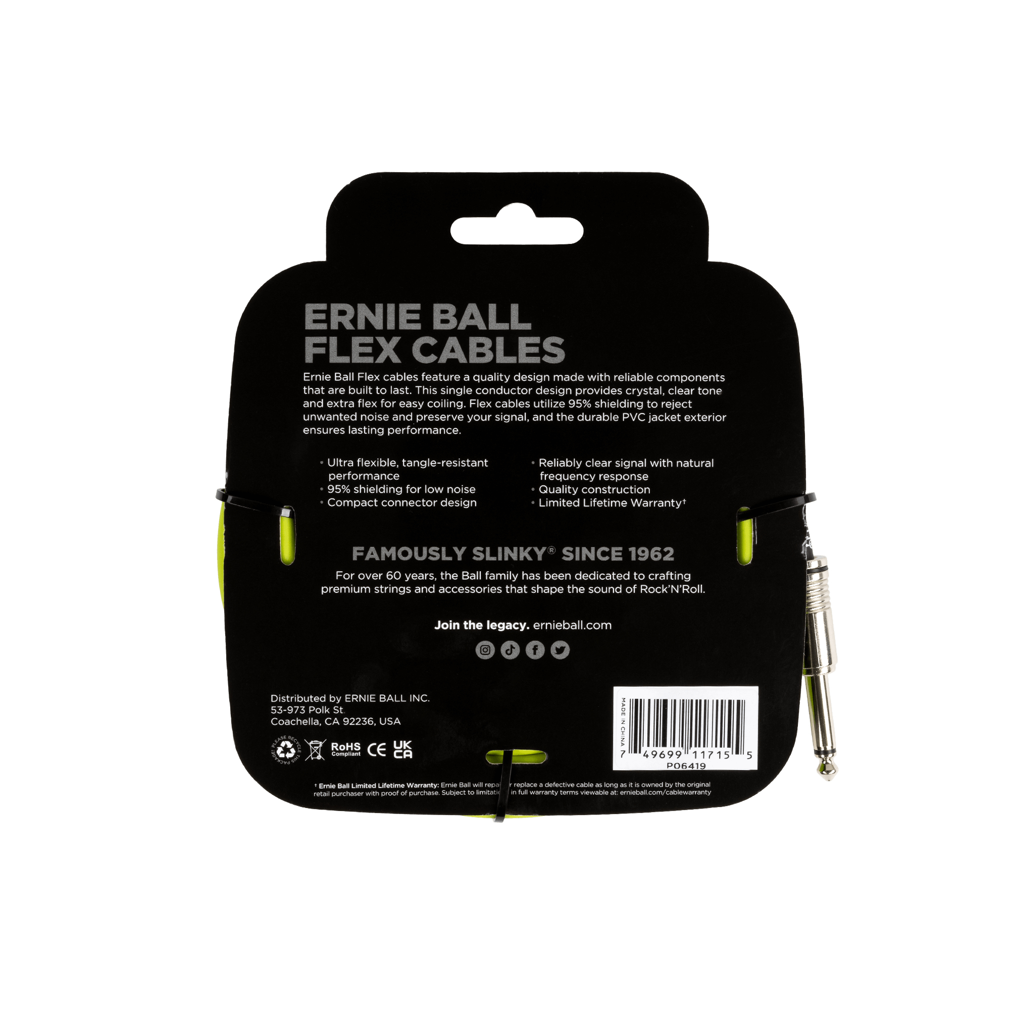 Confezione nera di cavi Flex Ernie Ball, vista posteriore. Contiene testo e un cavo. Sfondo nero con superficie bianca.