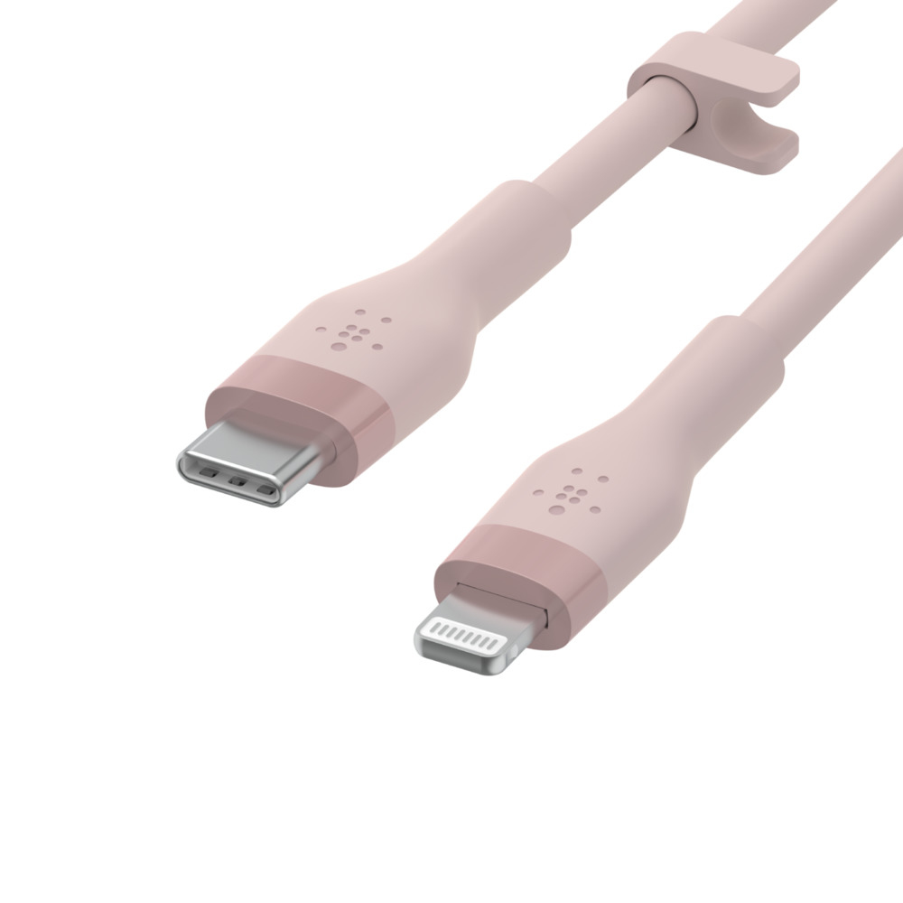 Cavo Belkin rosa. Connettori USB-C e Lightning. Fascetta per cavi.