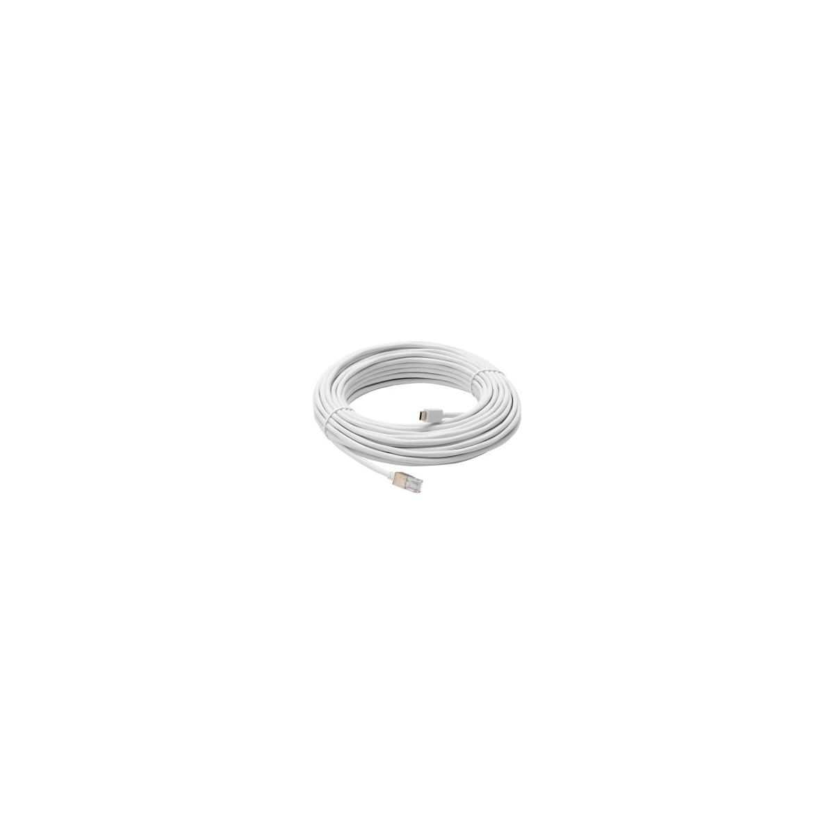 Cavo bianco arrotolato con due connettori su sfondo bianco.
