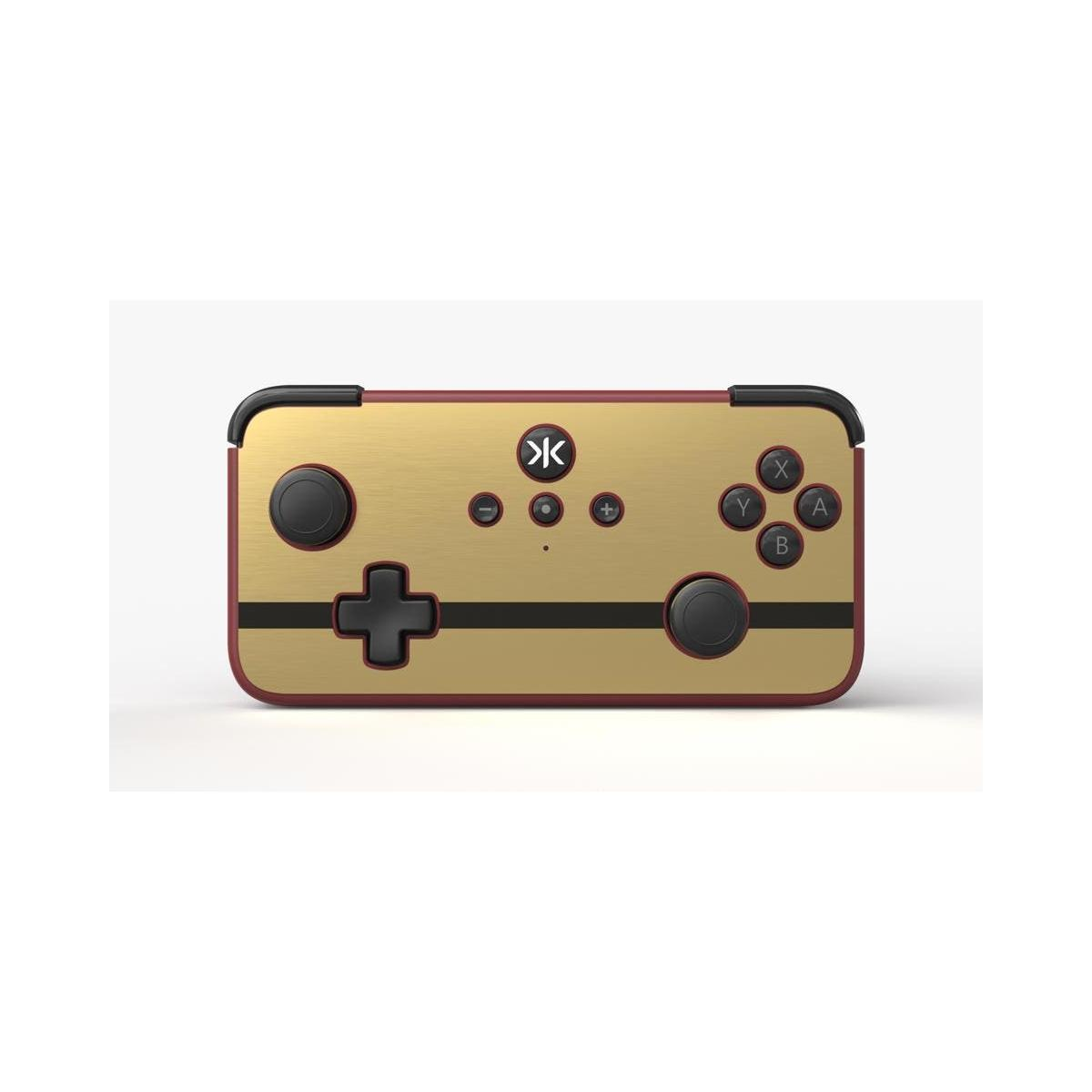 Un controller di gioco oro e amaranto con pulsanti e un D-pad, visto frontalmente.
