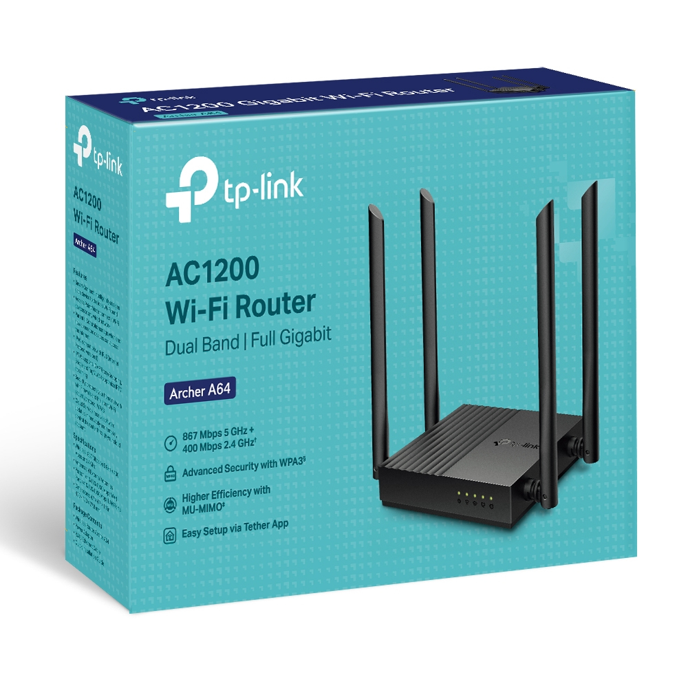 Pudełko routera TP-Link z routerem i antenami na białym tle.