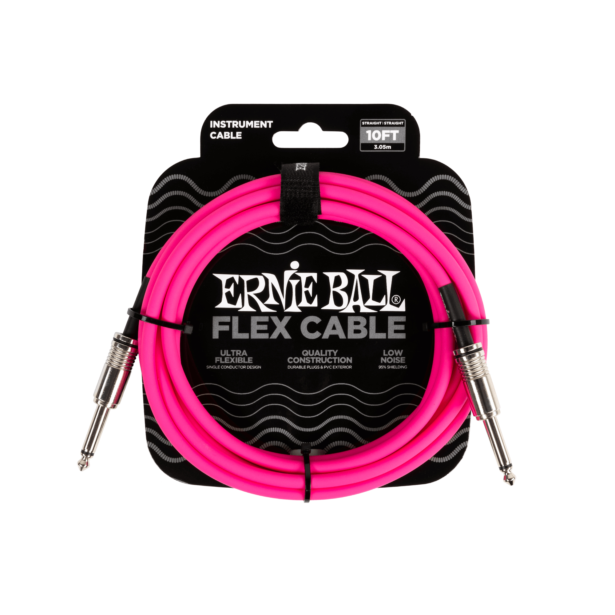 Cavo Flex Ernie Ball rosa su confezione nera. Le estremità mostrano connettori argentati.