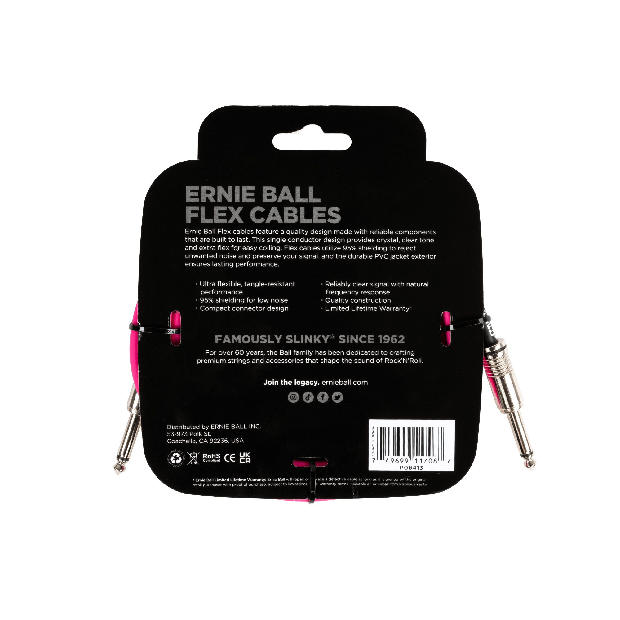 Retro della confezione del cavo Flex Ernie Ball rosa. Vengono mostrati testo e immagine del prodotto.
