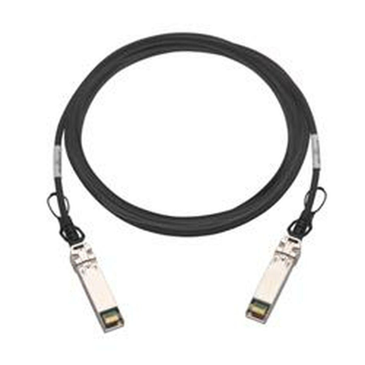 Cavo in fibra ottica nero con due connettori argentati.