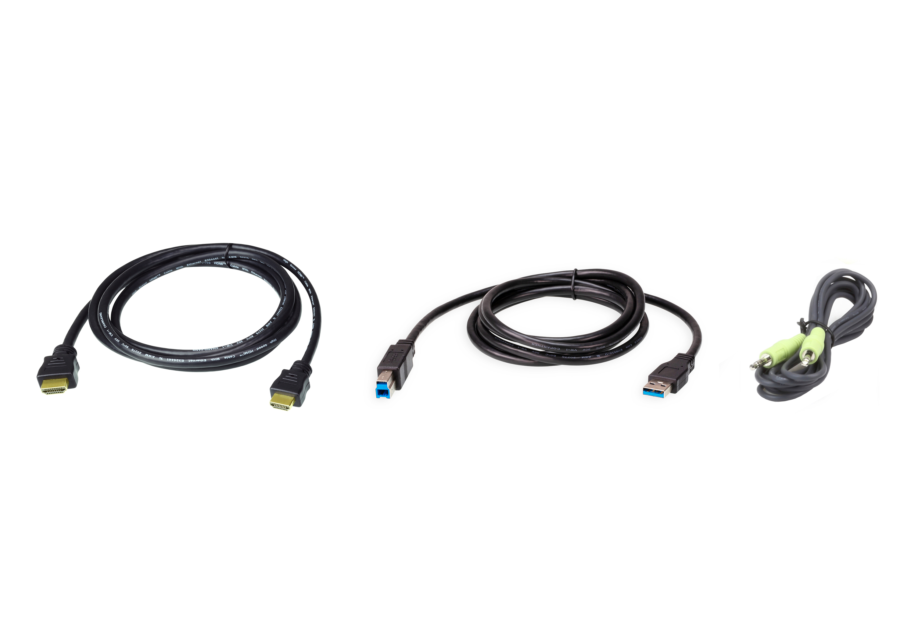 Tre cavi su sfondo bianco. HDMI a HDMI, USB a USB e cavi audio.