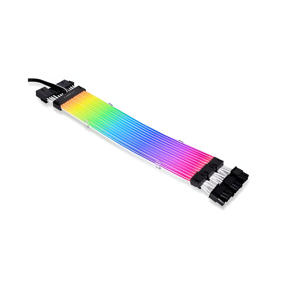 Cavo di alimentazione PCIE arcobaleno. Connettori bianchi, fili multicolore. Sfondo bianco.