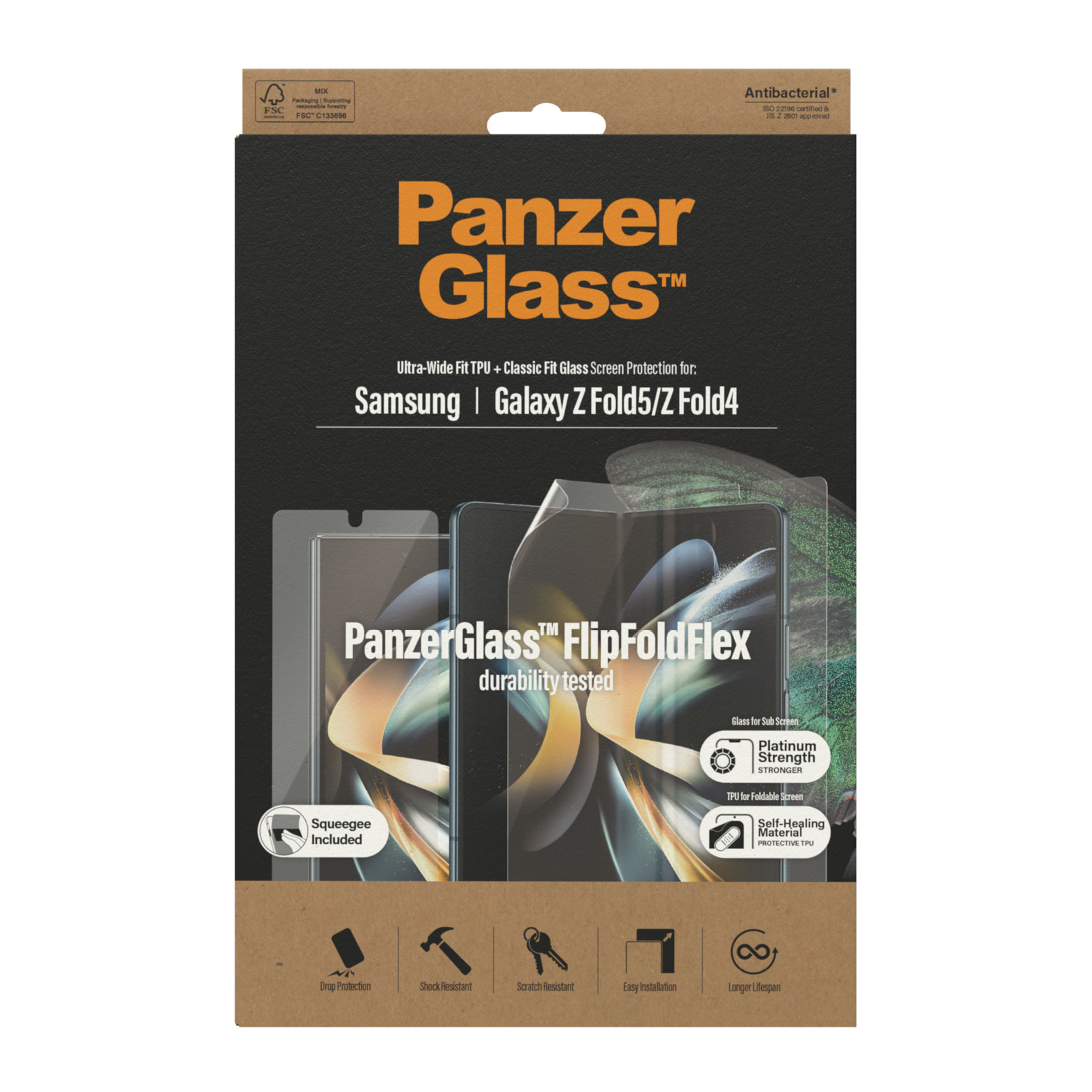 PanzerGlass schermbeschermer doos, voor Samsung en Galaxy Z Fold. Verpakking met functies.
