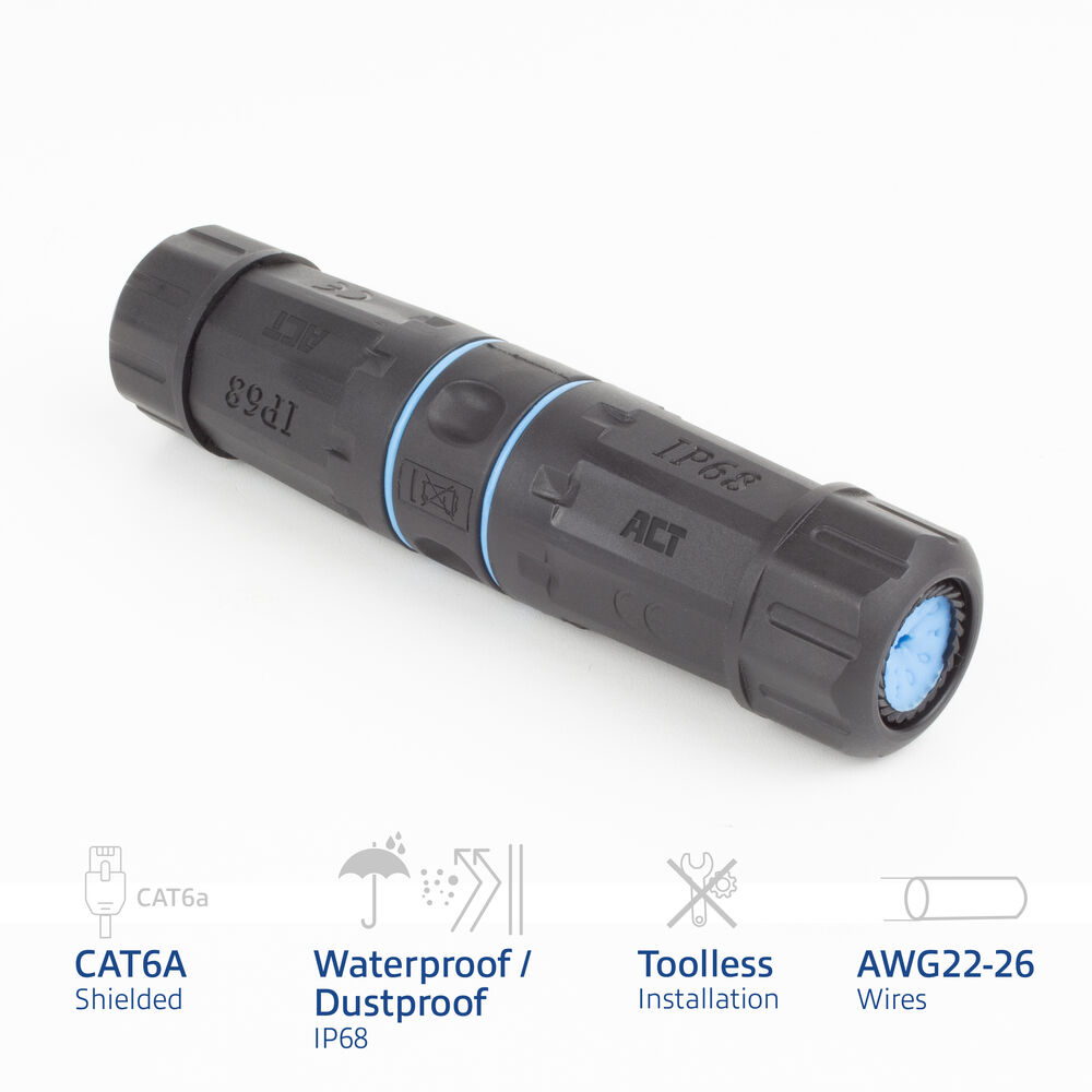 Connettore nero, CAT6A schermato, impermeabile/antipolvere, installazione senza attrezzi.