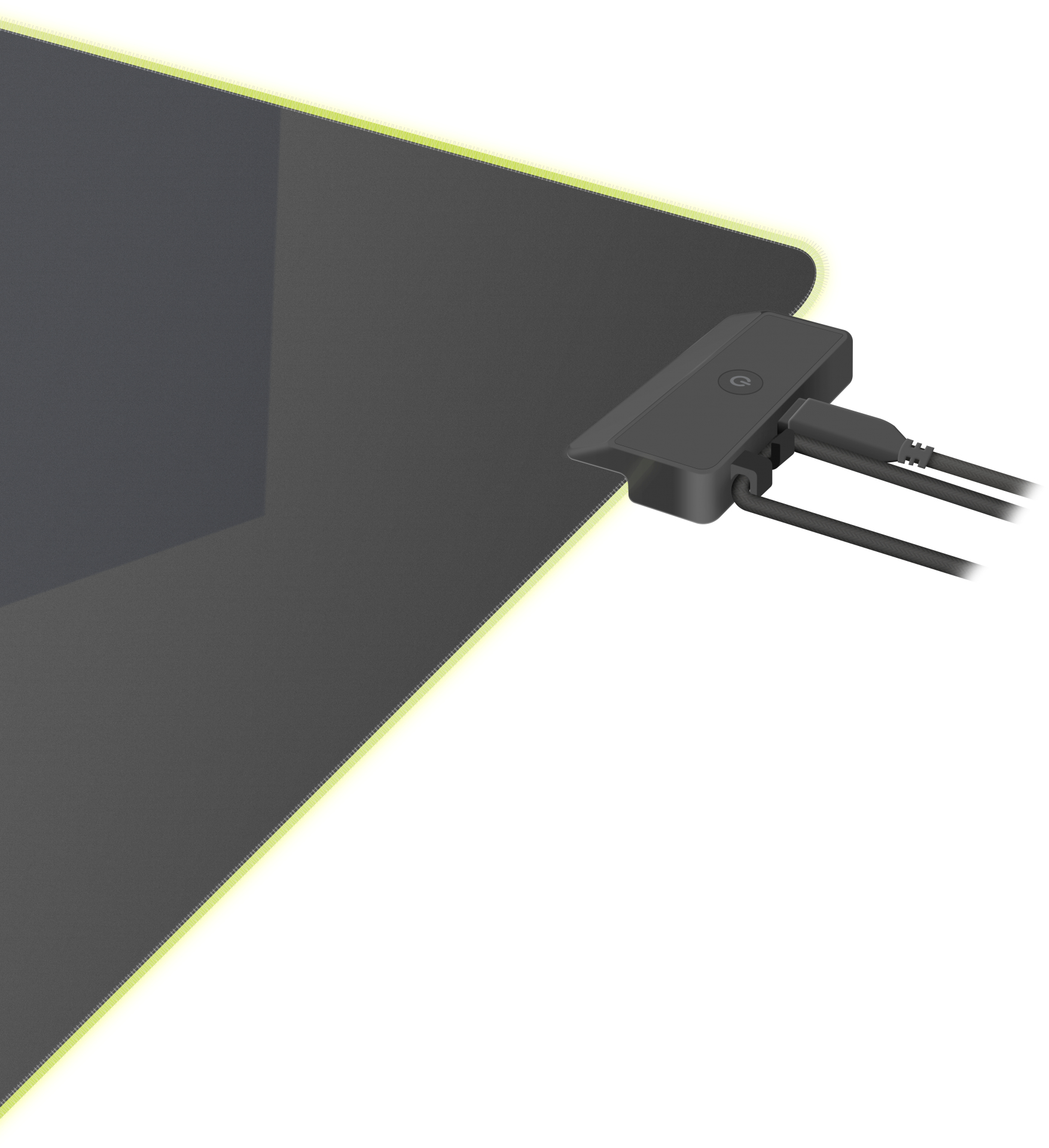 Czarna podkładka pod mysz z paskiem świetlnym i czarnym urządzeniem z kablem USB.