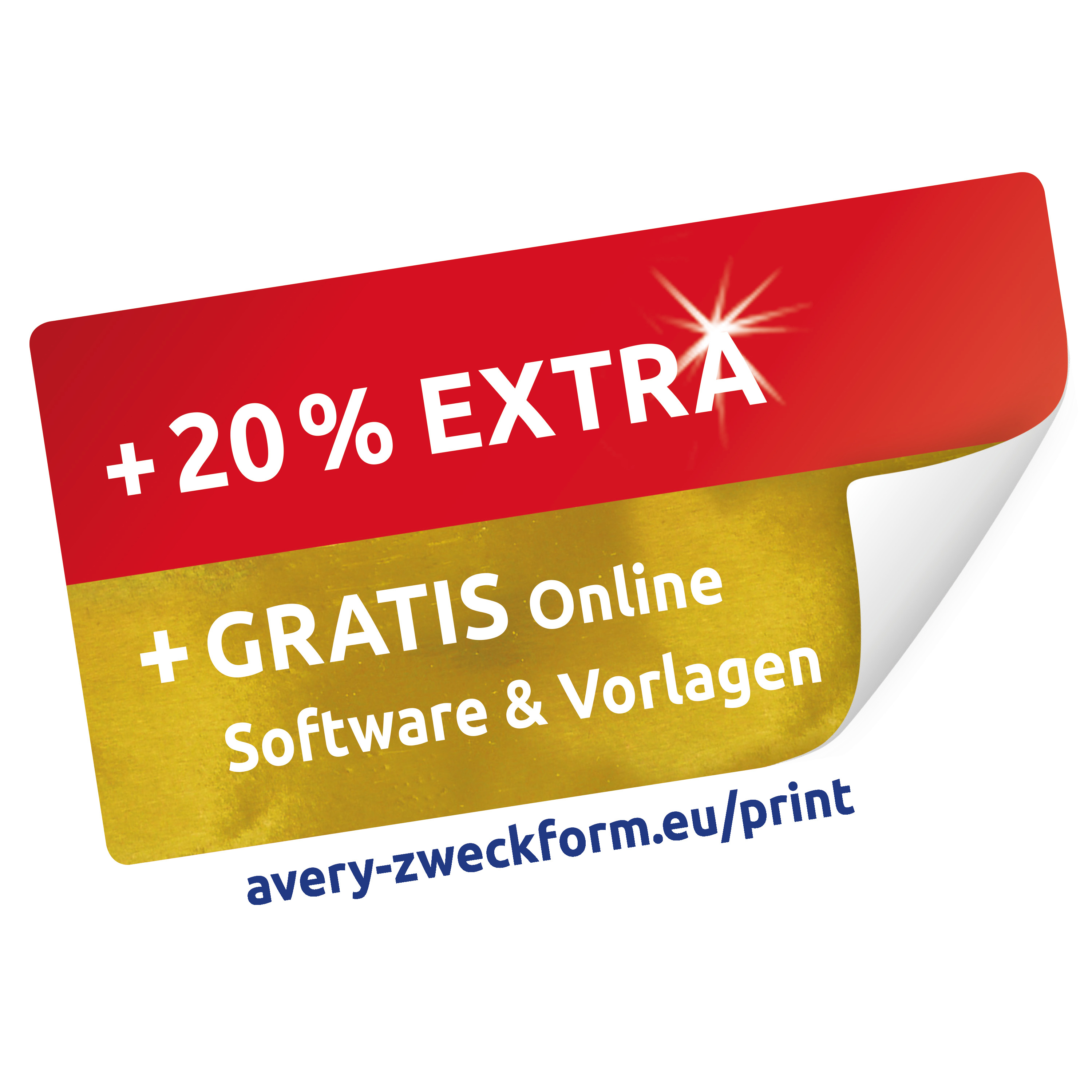 Avery-Zweckform Aufkleber mit rotem Oberteil und goldfarbenem Unterteil. Enthält Text und weißen Hintergrund.