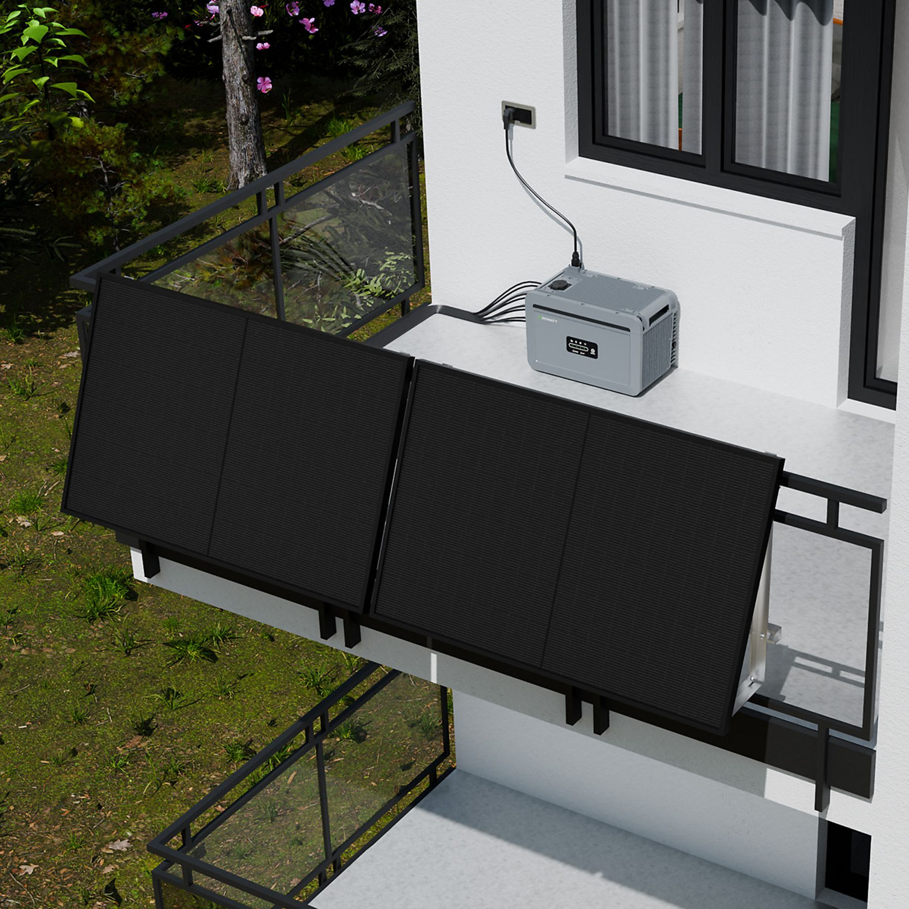 Solarpaneele auf einem Balkon, mit Kraftwerk, und Baum im Hintergrund.