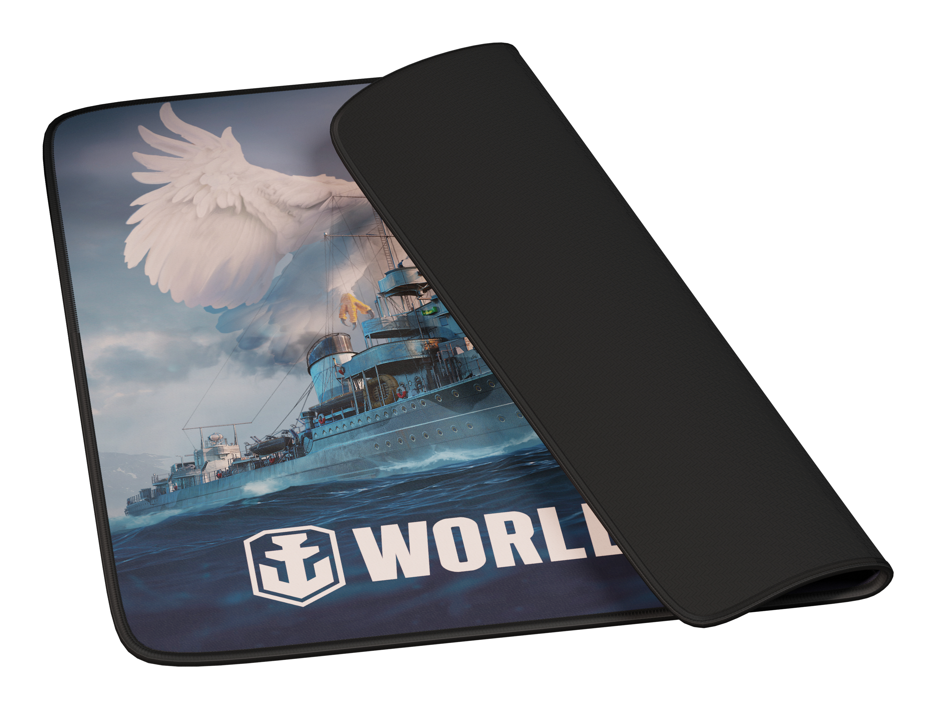Podkładka pod mysz ze statkiem i gołębiem, widoczny czarny spód. Logo World of Warships.
