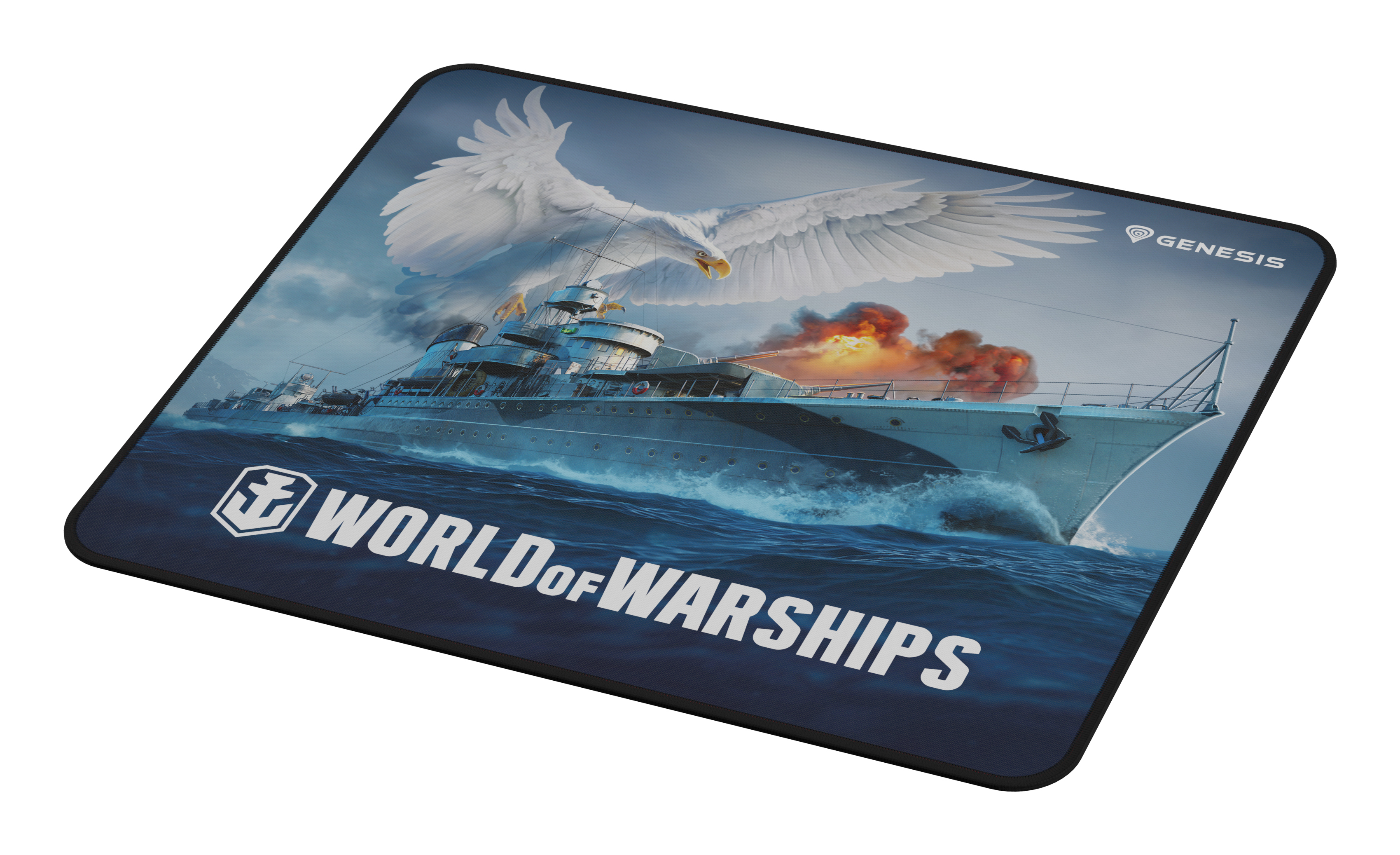 Podkładka pod mysz z grafiką World of Warships. Przedstawia statek, orła i logo gry.