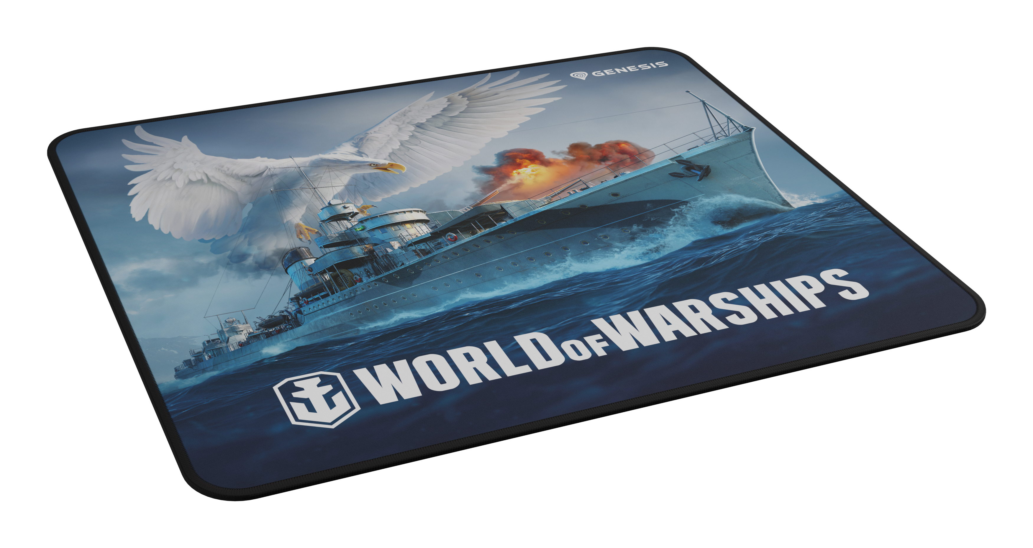 Podkładka pod mysz z okrętem wojennym na wzburzonym morzu, orłem i 'WORLD OF WARSHIPS'.