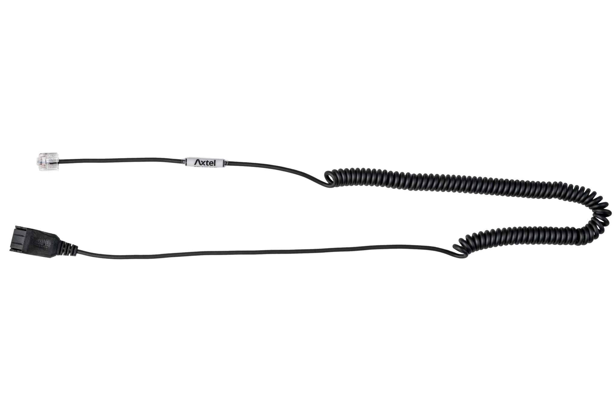 Czarny skręcony przewód telefoniczny. Złącze na każdym końcu z etykietą 'Axtel'.