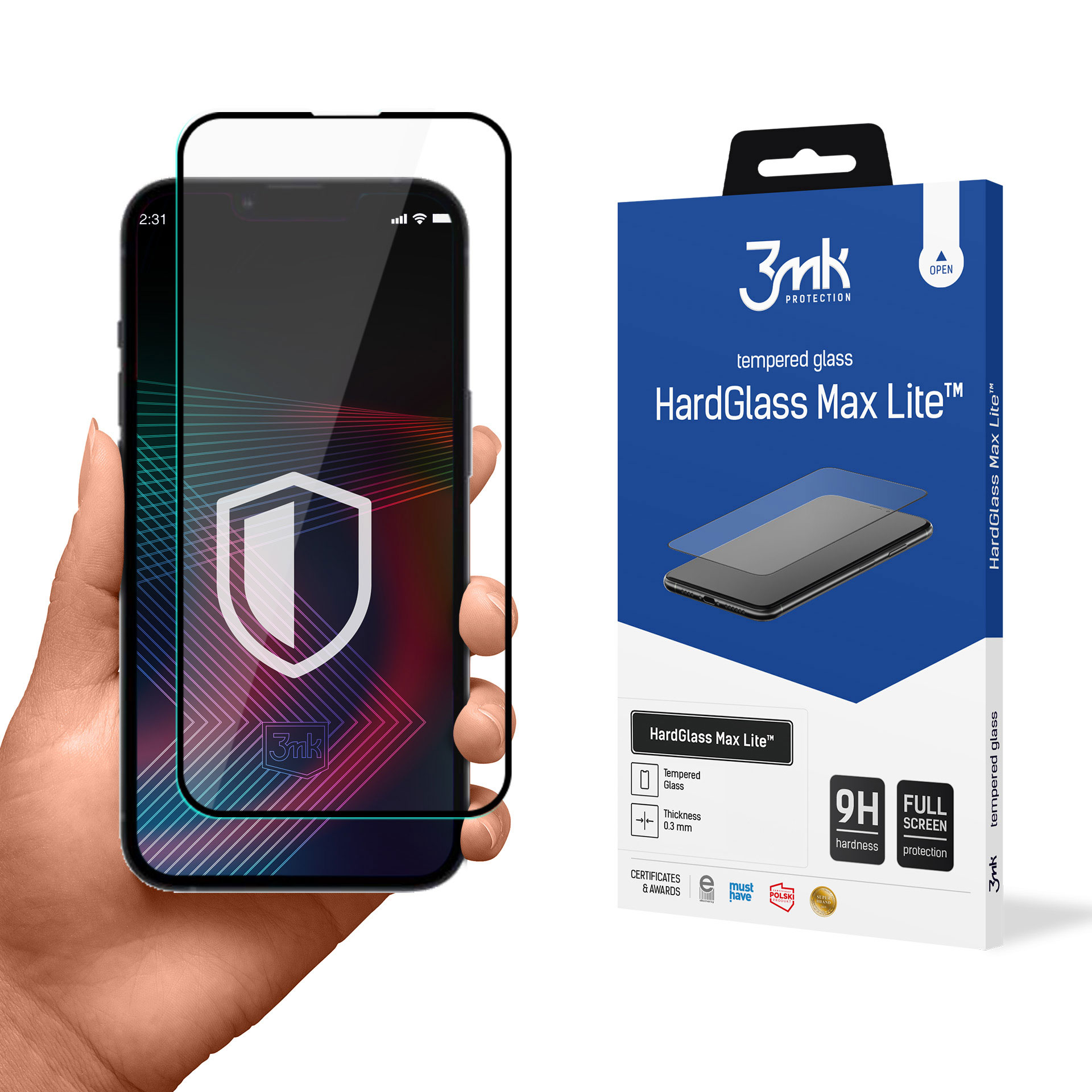 Mano che tiene un telefono con protezione schermo. Telefono nero, protezione trasparente.