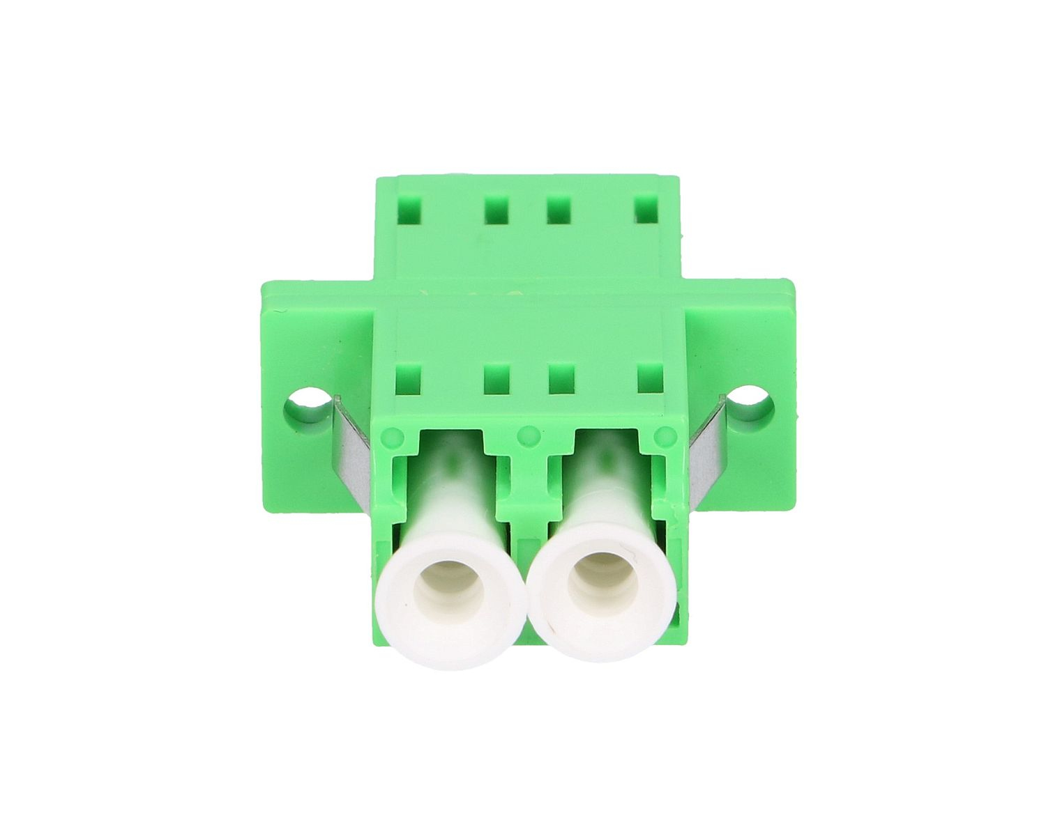 Zielone złącze z dwoma białymi portami, metalowy klips, białe tło.