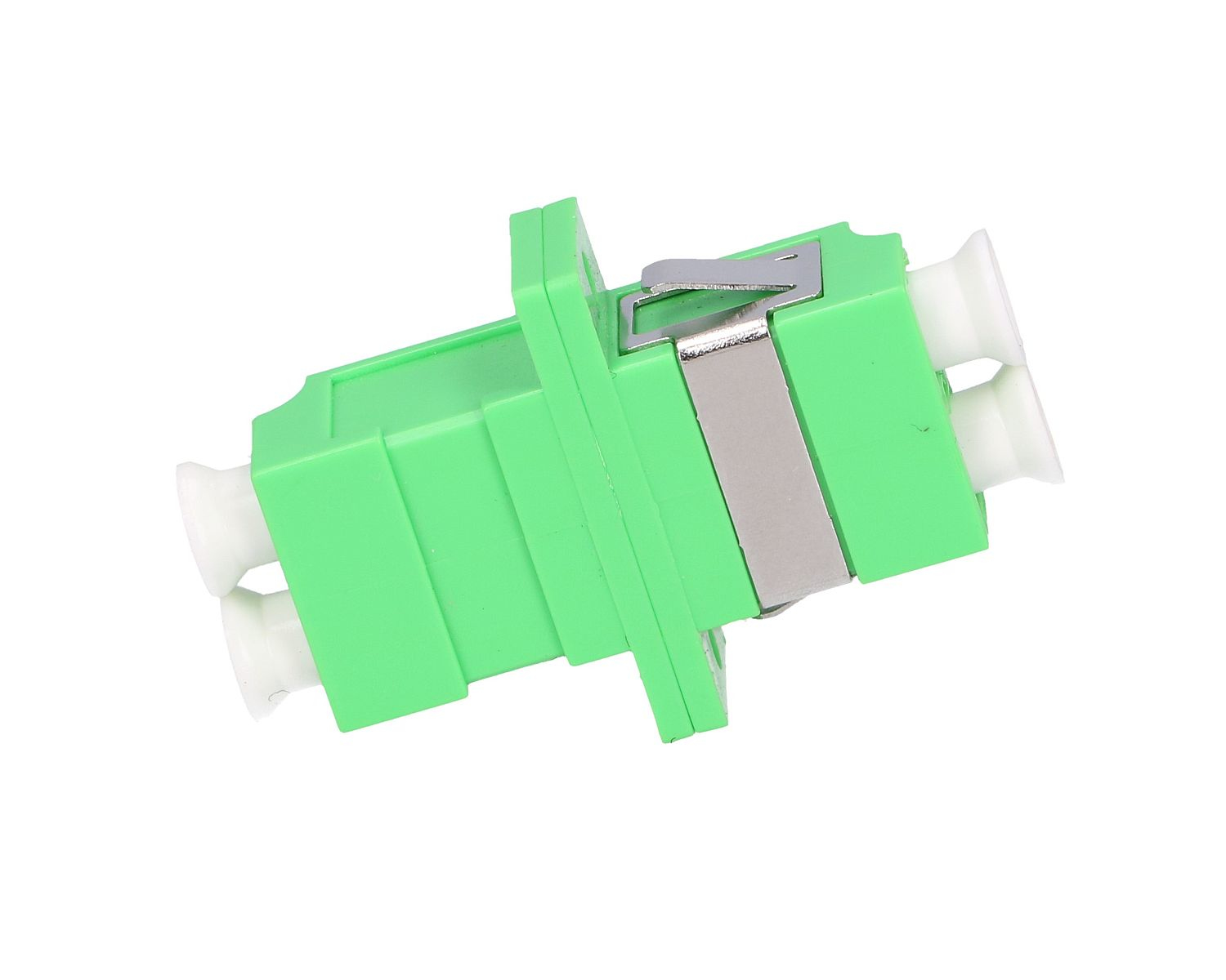 Zielone złącze z białymi portami, metalowy klips, białe tło.