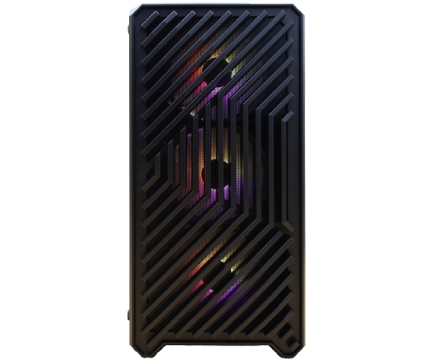 Carcasa de computadora negra con diseño geométrico en el panel frontal e iluminación interior colorida.