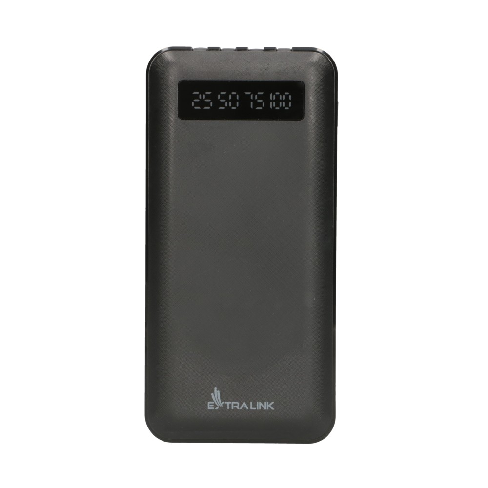 Dunkelgraue Powerbank, die den Ladeprozentsatz 25, 50, 75, 100 anzeigt.
