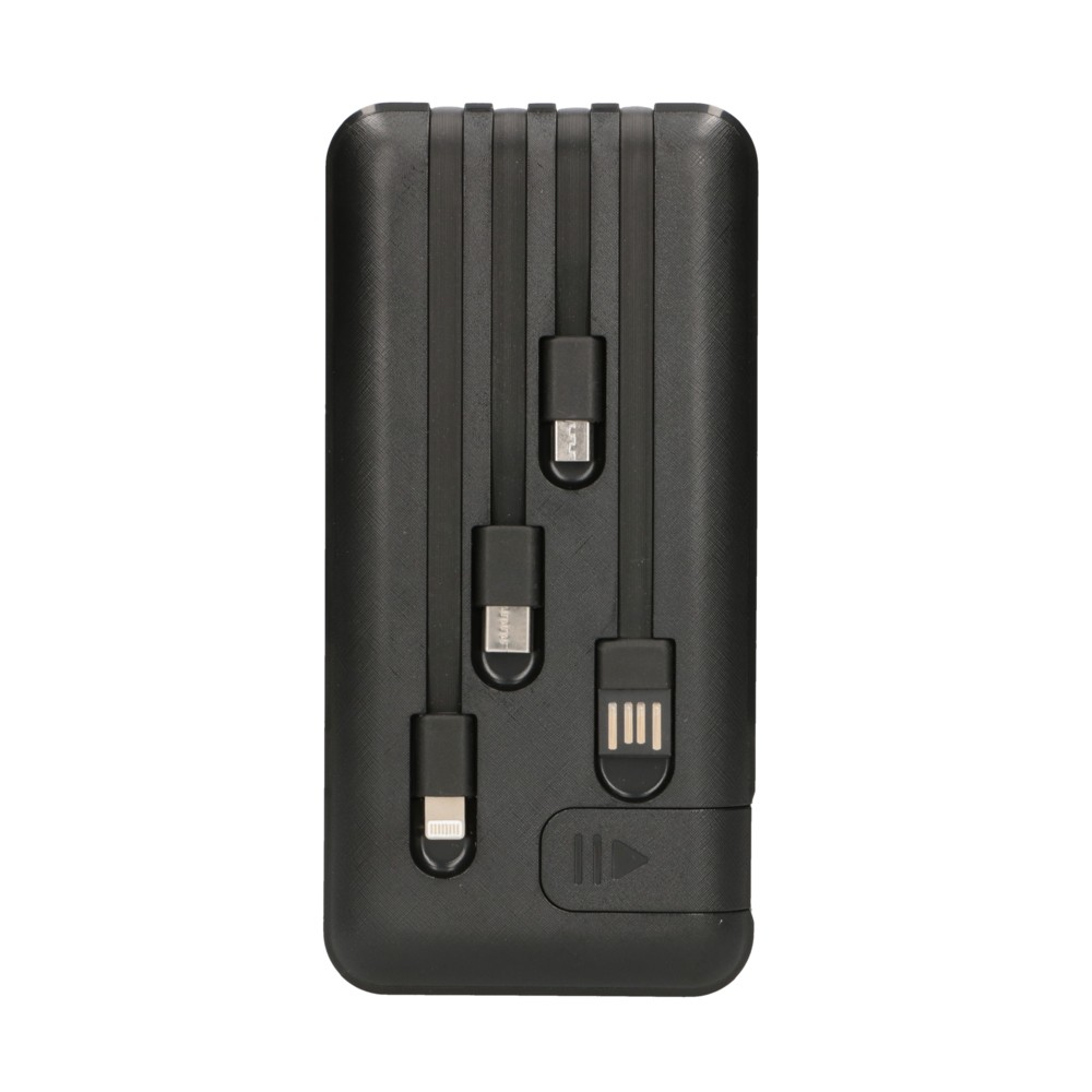 Schwarze Powerbank mit mehreren Kabeln für verschiedene Geräte. Weißer Hintergrund.