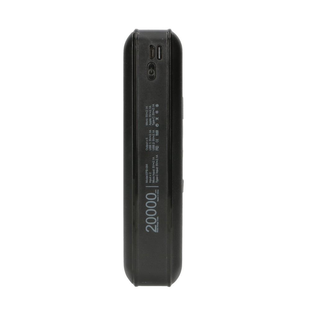Schwarze Powerbank, 20000 mAh, mit Spezifikationen auf der Seite.