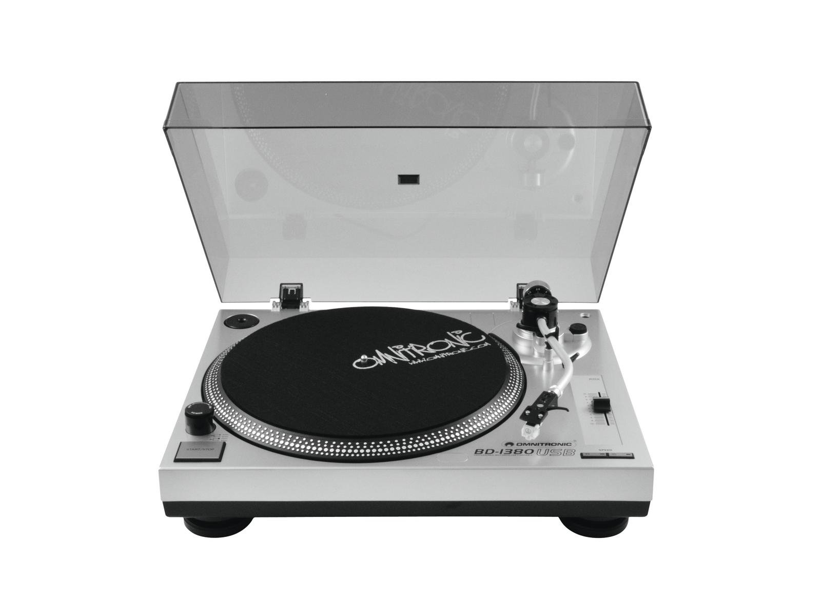 Giradischi argento con disco nero e coperchio trasparente. Marchio: 'Omnitronic'.