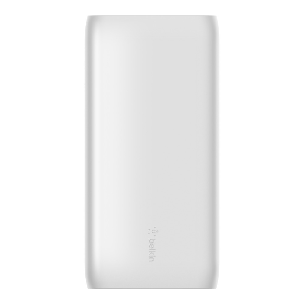 Un power bank rettangolare bianco. Il logo Belkin è visualizzato in basso.