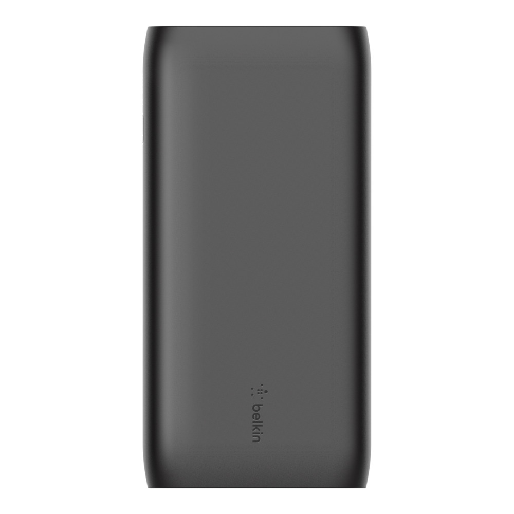 Un power bank nero con superficie liscia, su sfondo bianco semplice. Design minimalista.