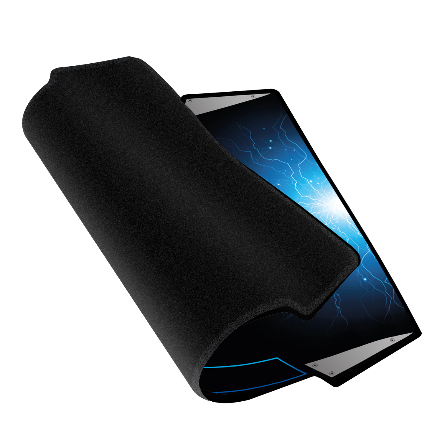 Un pad nero con uno schermo che mostra scintille blu, con una copertura rimossa.