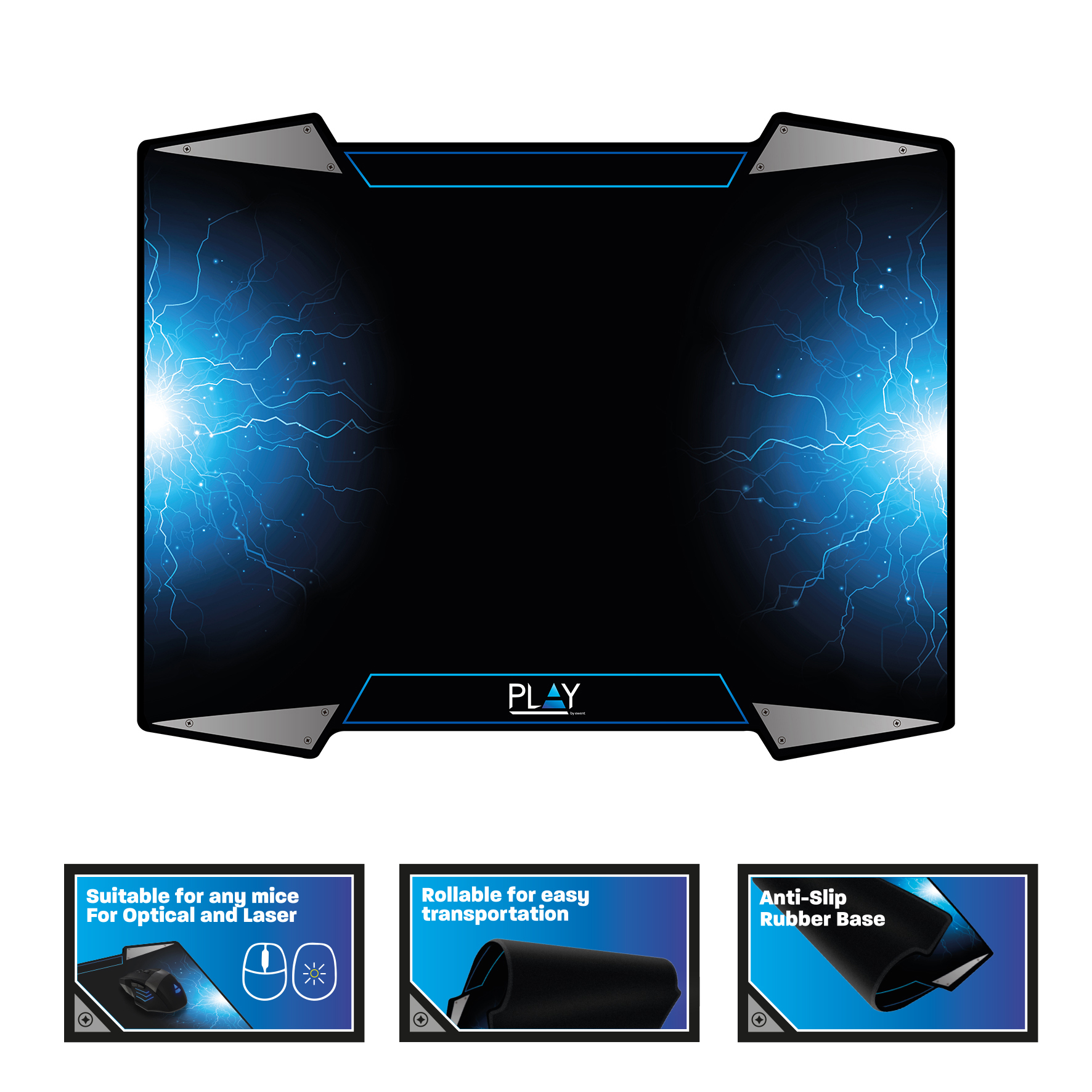 Un tappetino per mouse da gioco nero con design a fulmini blu e tre riquadri di dettaglio che mostrano le funzioni.