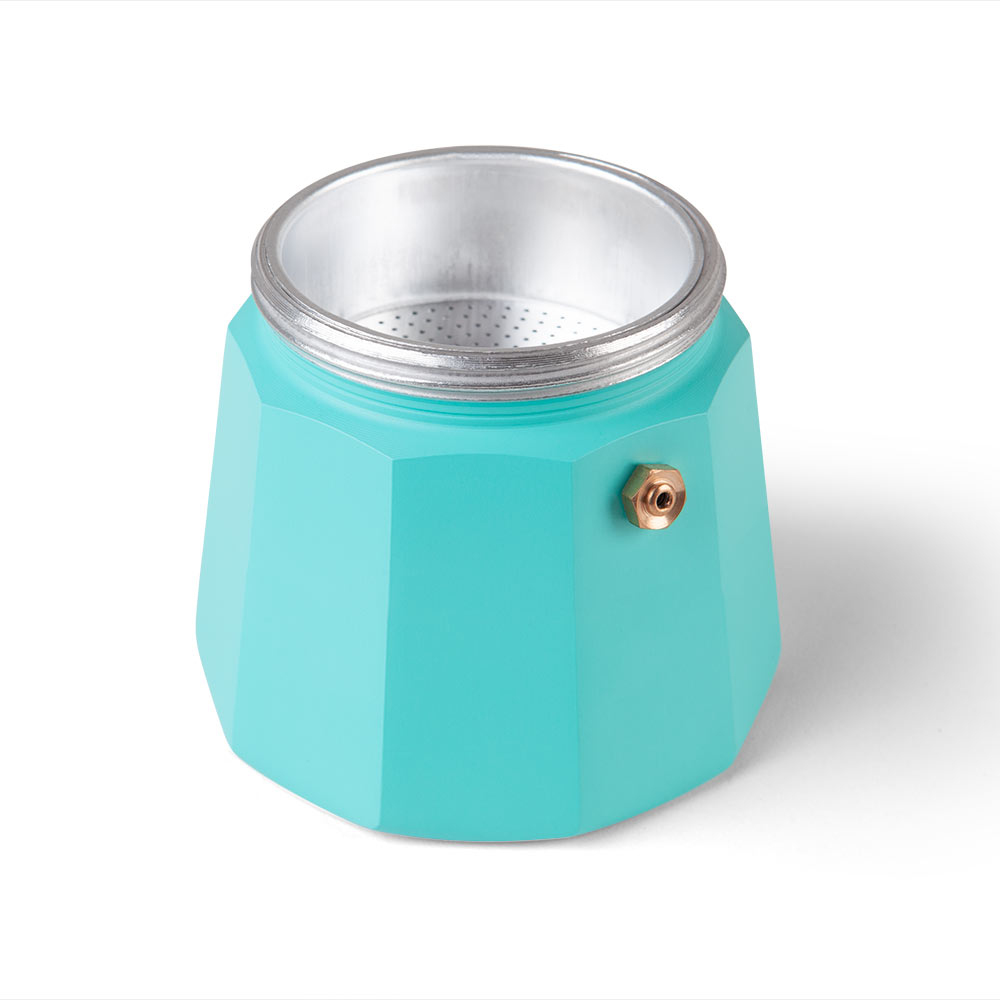 Turkusowy kawiarka Moka, otwarty, pokazujący wnętrze i mosiężny zawór z boku.