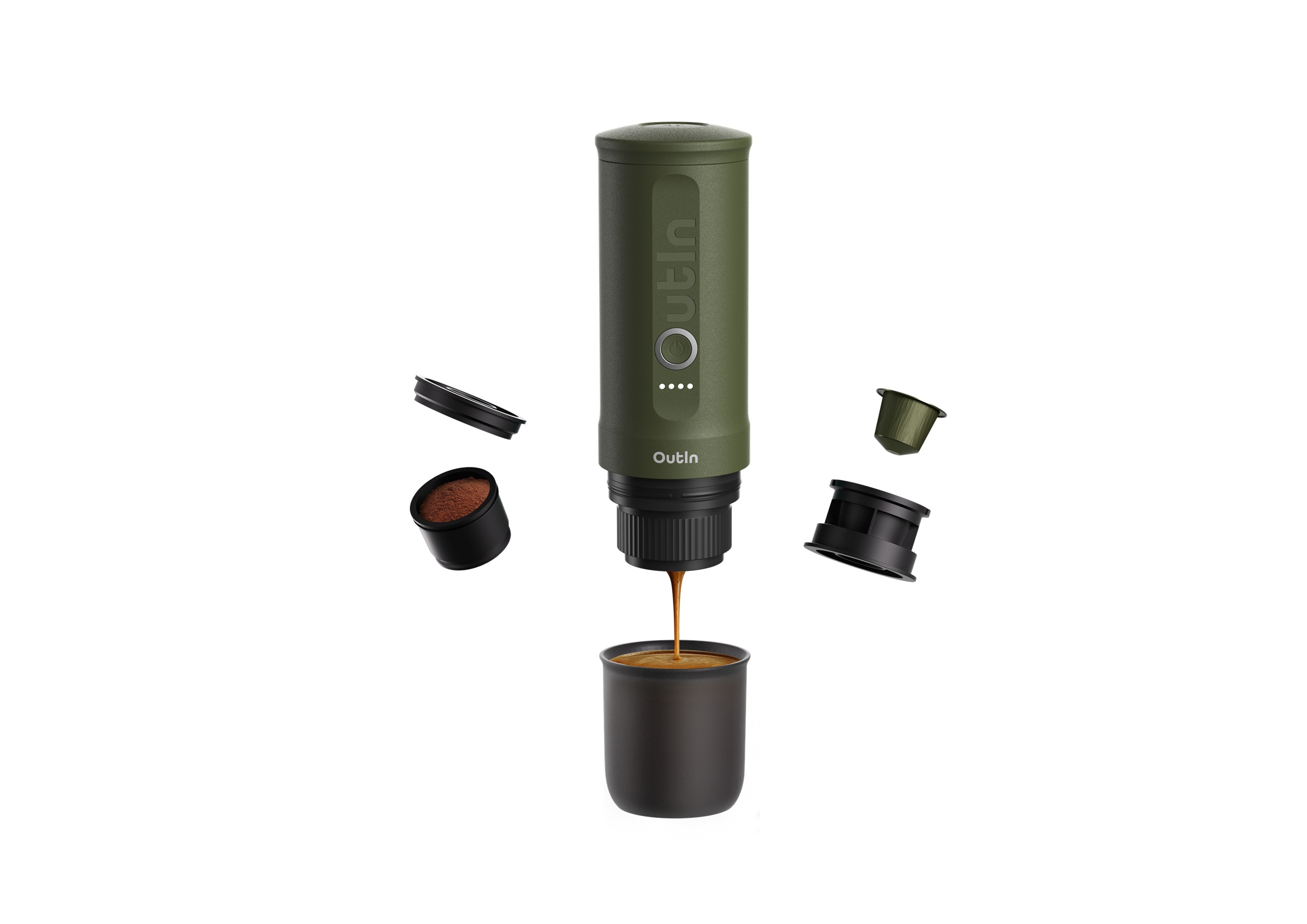 Máquina de espresso portátil desmontada, piezas flotantes. Combinación de colores verde oscuro y negro.
