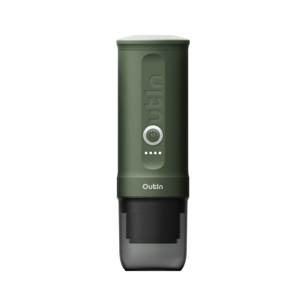 Un dispositivo Outin portátil verde, de forma cilíndrica, con base oscura, sobre fondo blanco.