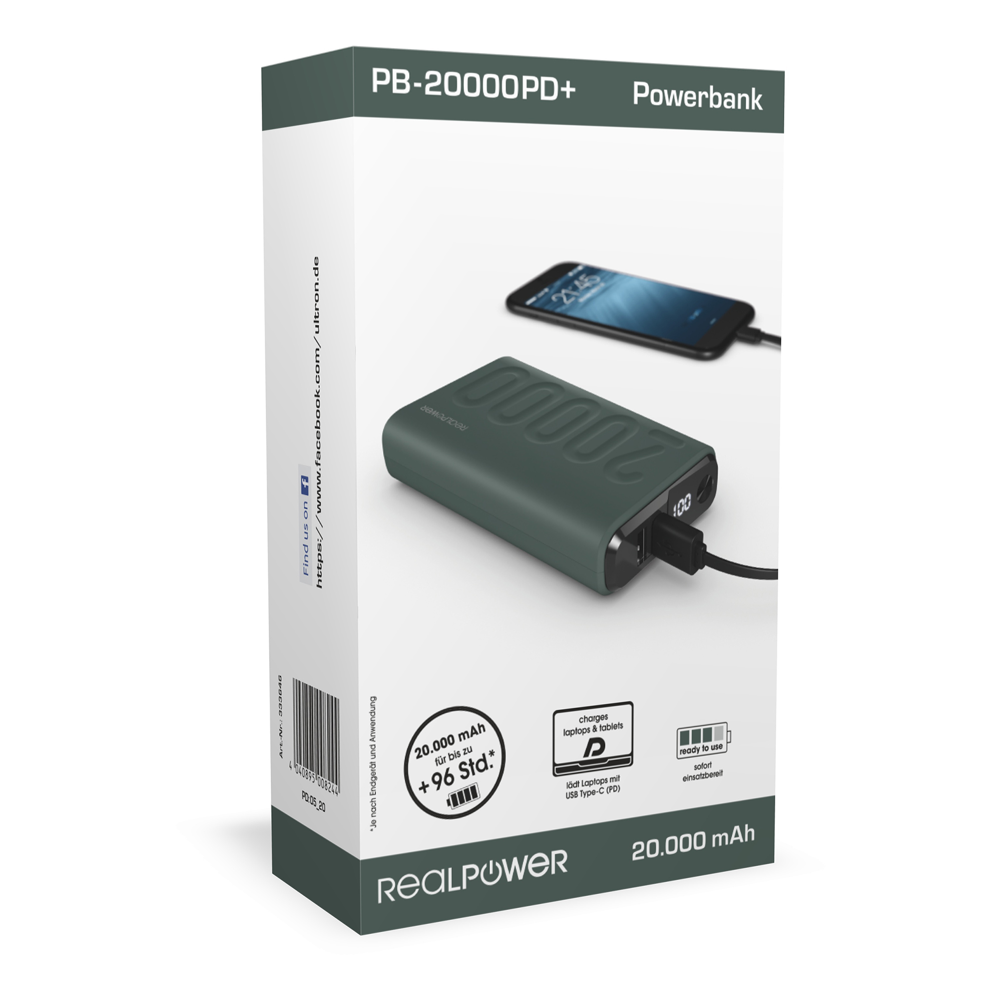Powerbank-Box mit Ladetelefon. Details: 20.000 mAh, USB Typ C, einsatzbereit.