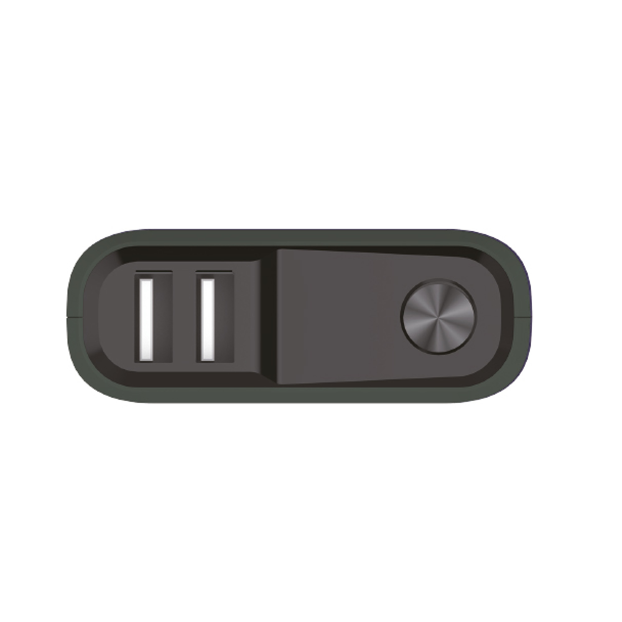 Schwarze und dunkelgraue Powerbank mit zwei USB-Anschlüssen und einem Knopf.