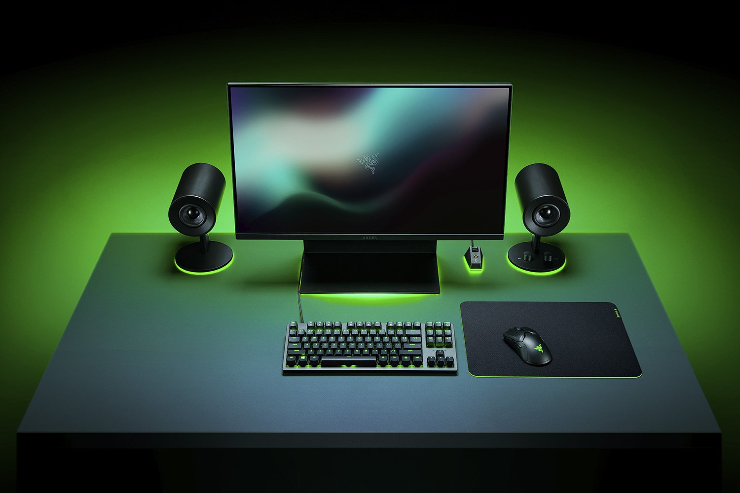 Configuración de juego: monitor, altavoces, teclado, ratón y alfombrilla. Combinación de colores verde y negro.