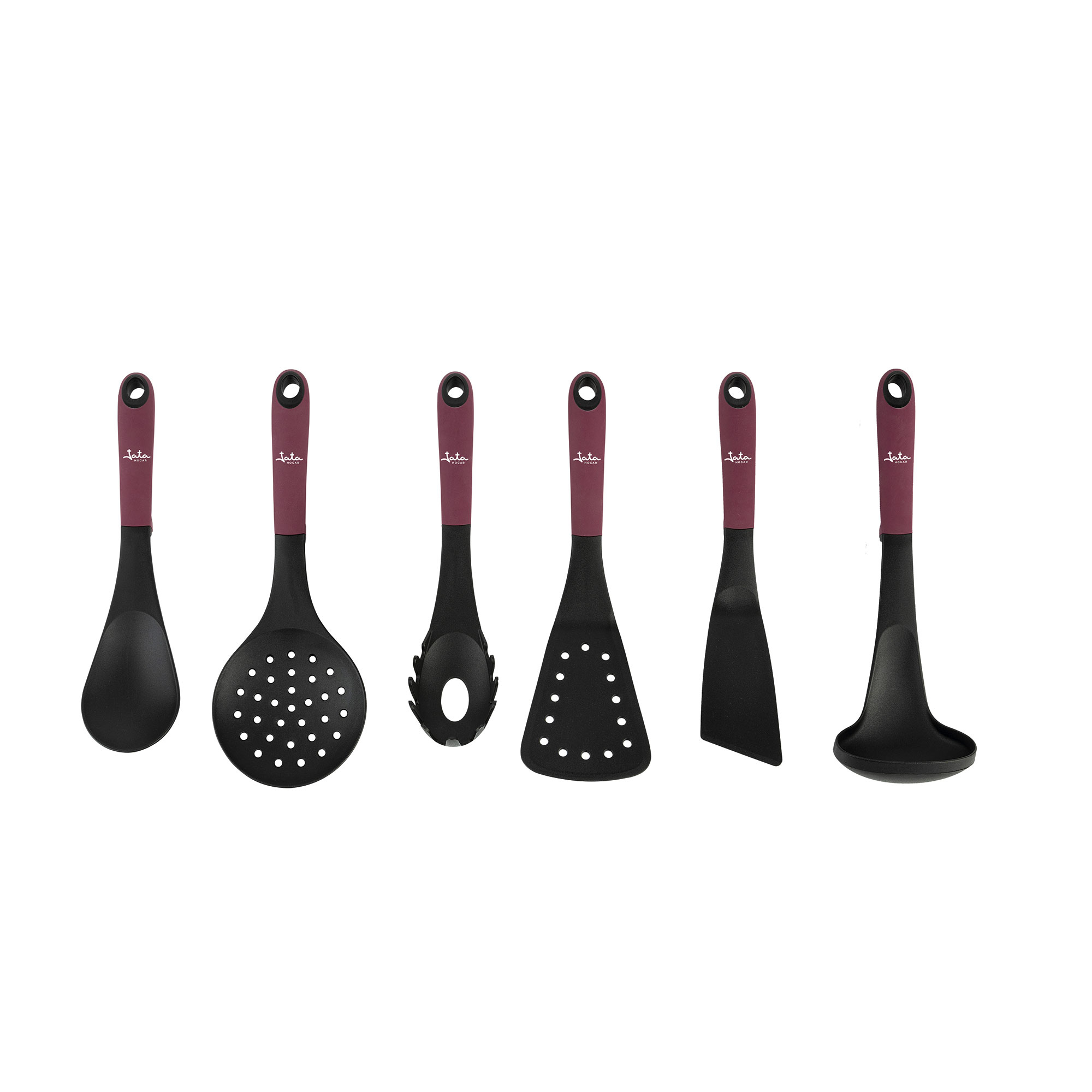 Juego de utensilios de cocina: cuchara ranurada, espátula y cucharón.