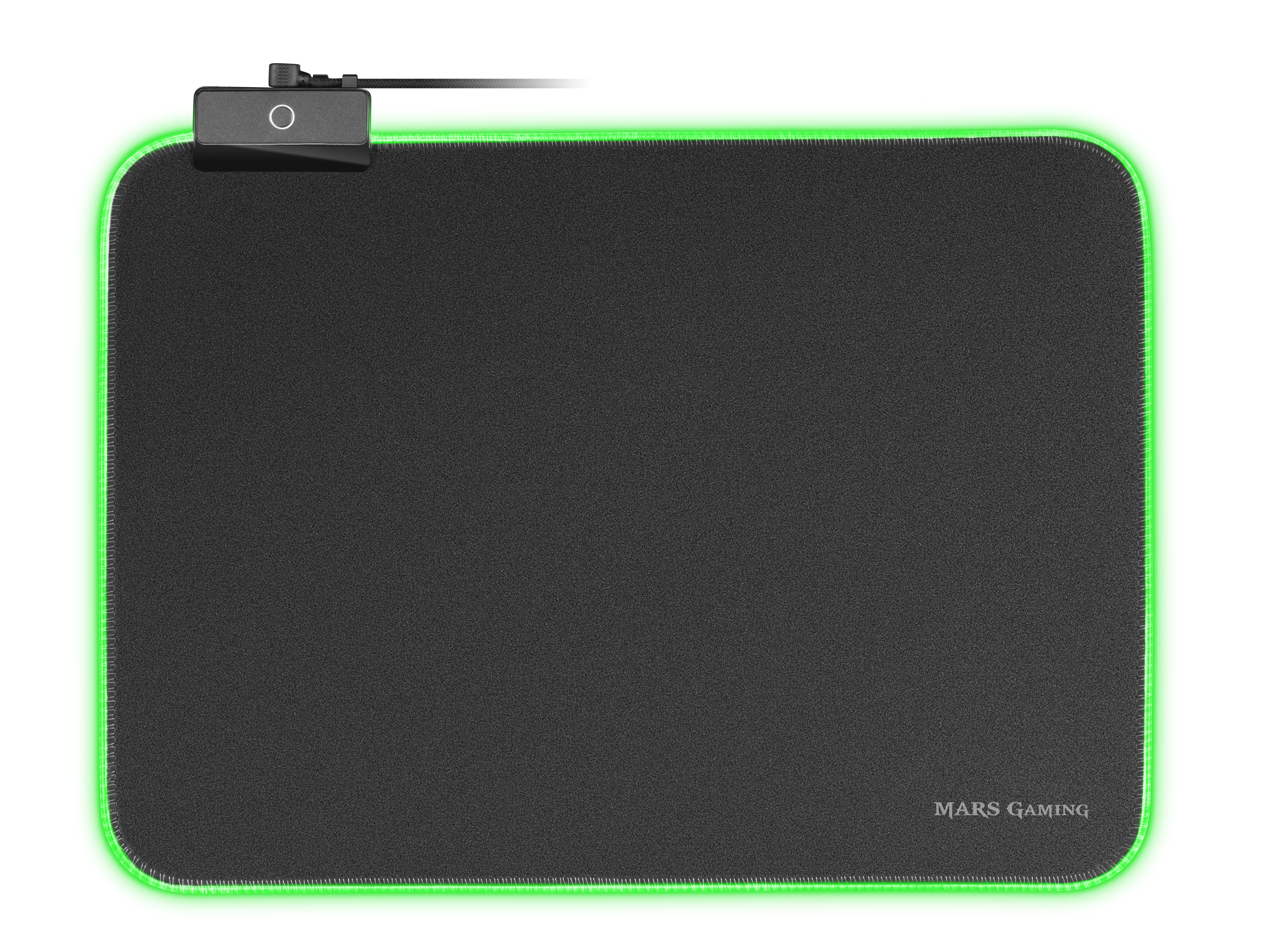 Czarna podkładka gamingowa z zieloną krawędzią LED i skrzynką kontrolną.