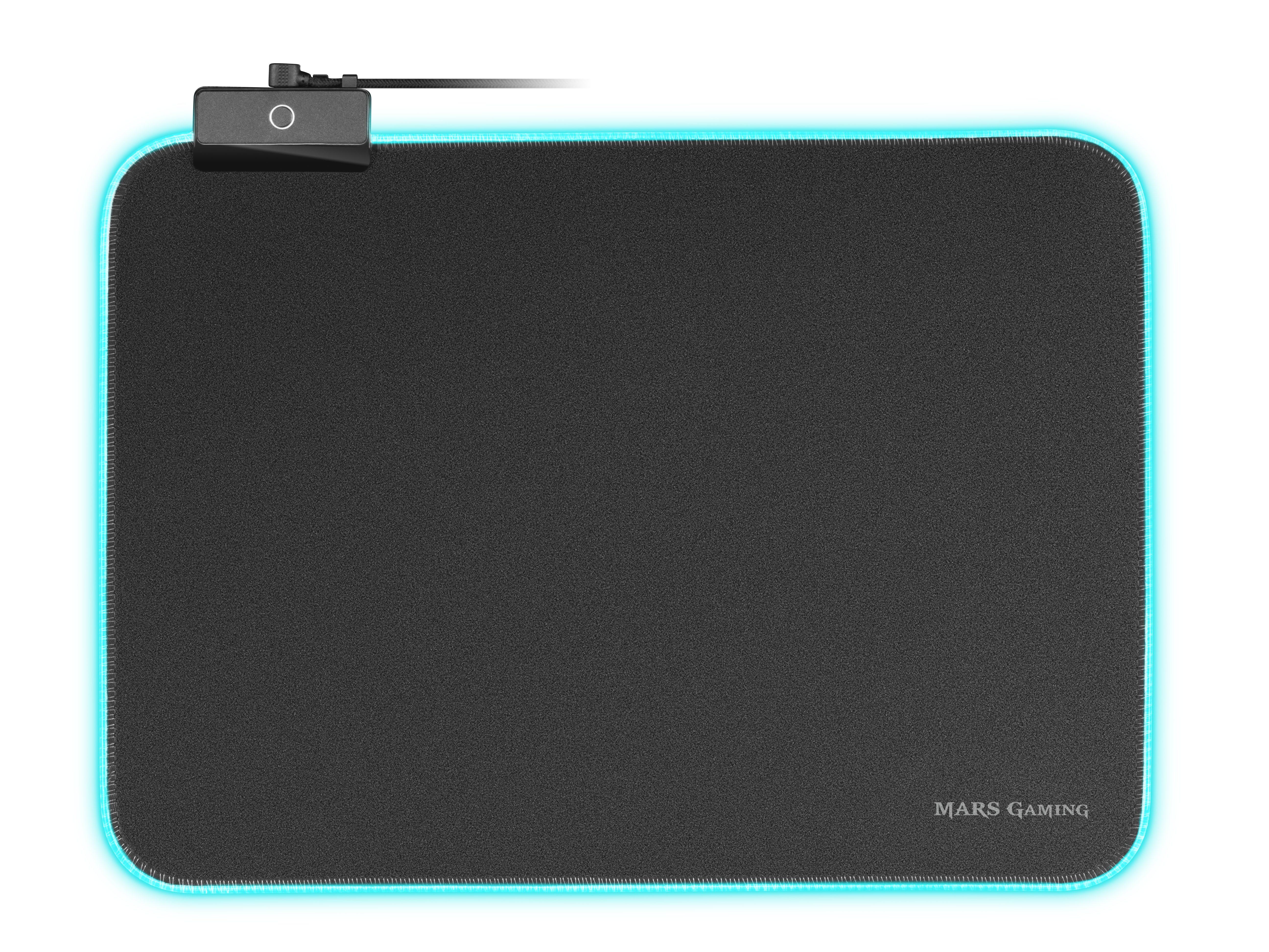 Czarna podkładka pod mysz. Niebieska krawędź LED, czarne pudełko kontrolne, napis MARS GAMING.