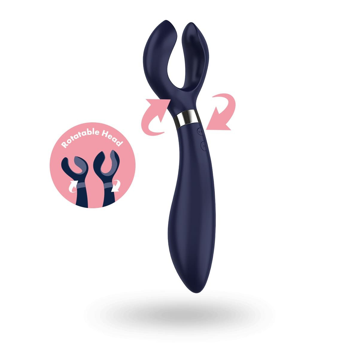 Un vibrador azul oscuro con cabezal giratorio. Flechas indican rotación. Gráfico muestra movimiento de cabeza.