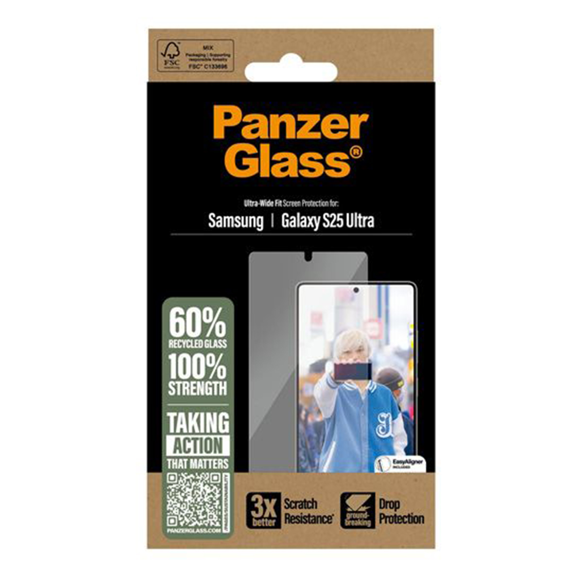 Panzer Glass logosu olan bir telefon ekran koruyucu kutusu. Kutu, bir telefon görüntüsü gösteriyor.