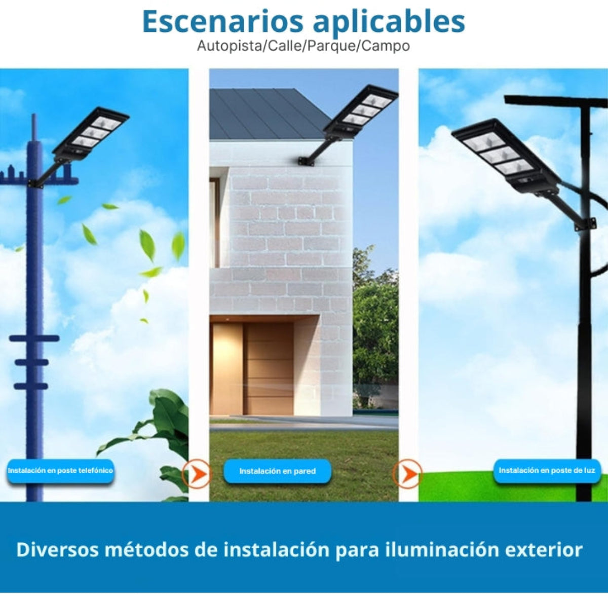 Tres configuraciones diferentes de una farola solar, que muestran la instalación en un poste, pared y poste de luz.