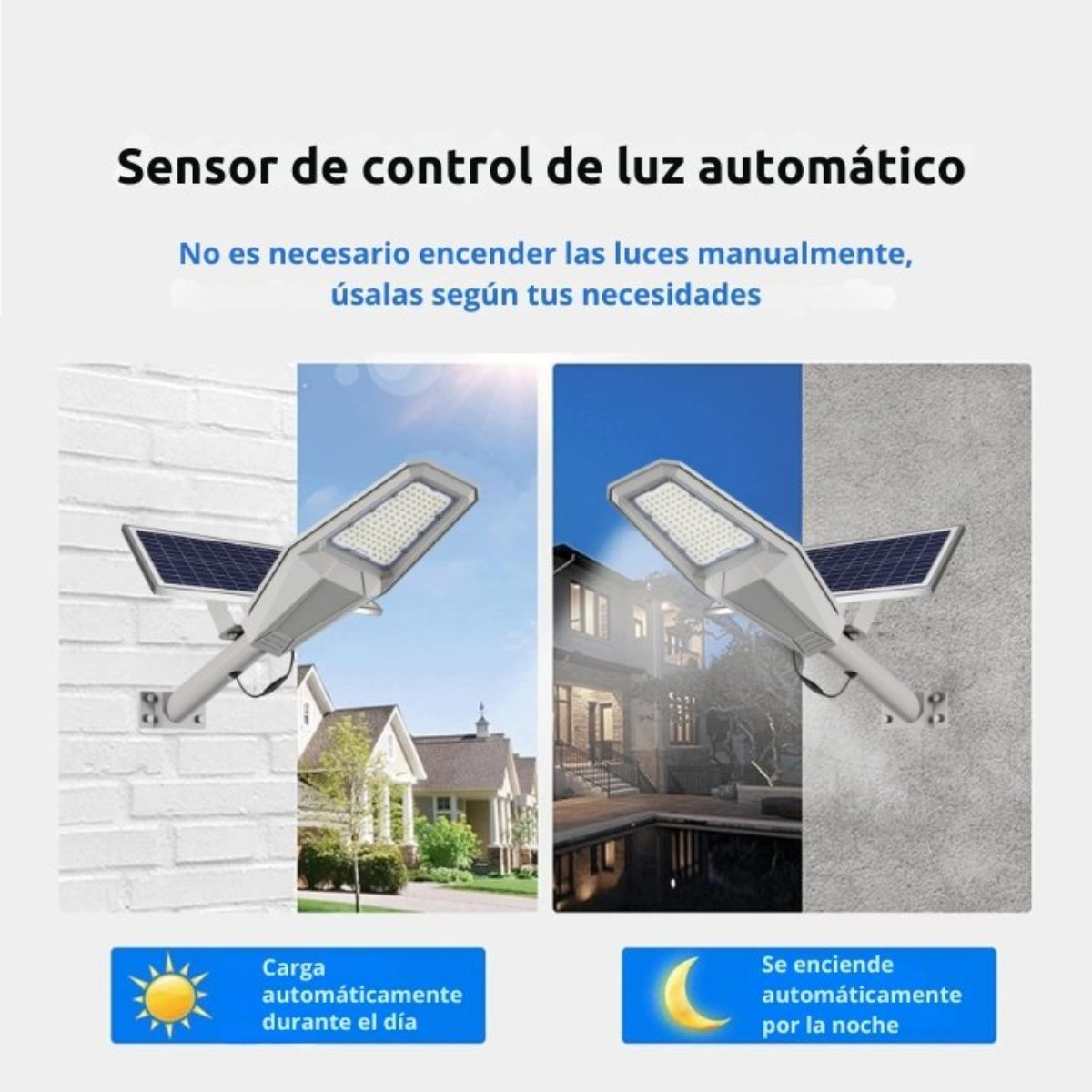 Dos luces solares. Están montadas en una pared y tienen paneles solares y luces.