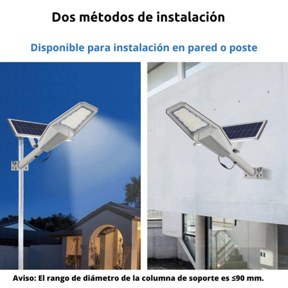 Se muestran dos farolas solares. Una está montada en un poste, la otra en una pared.