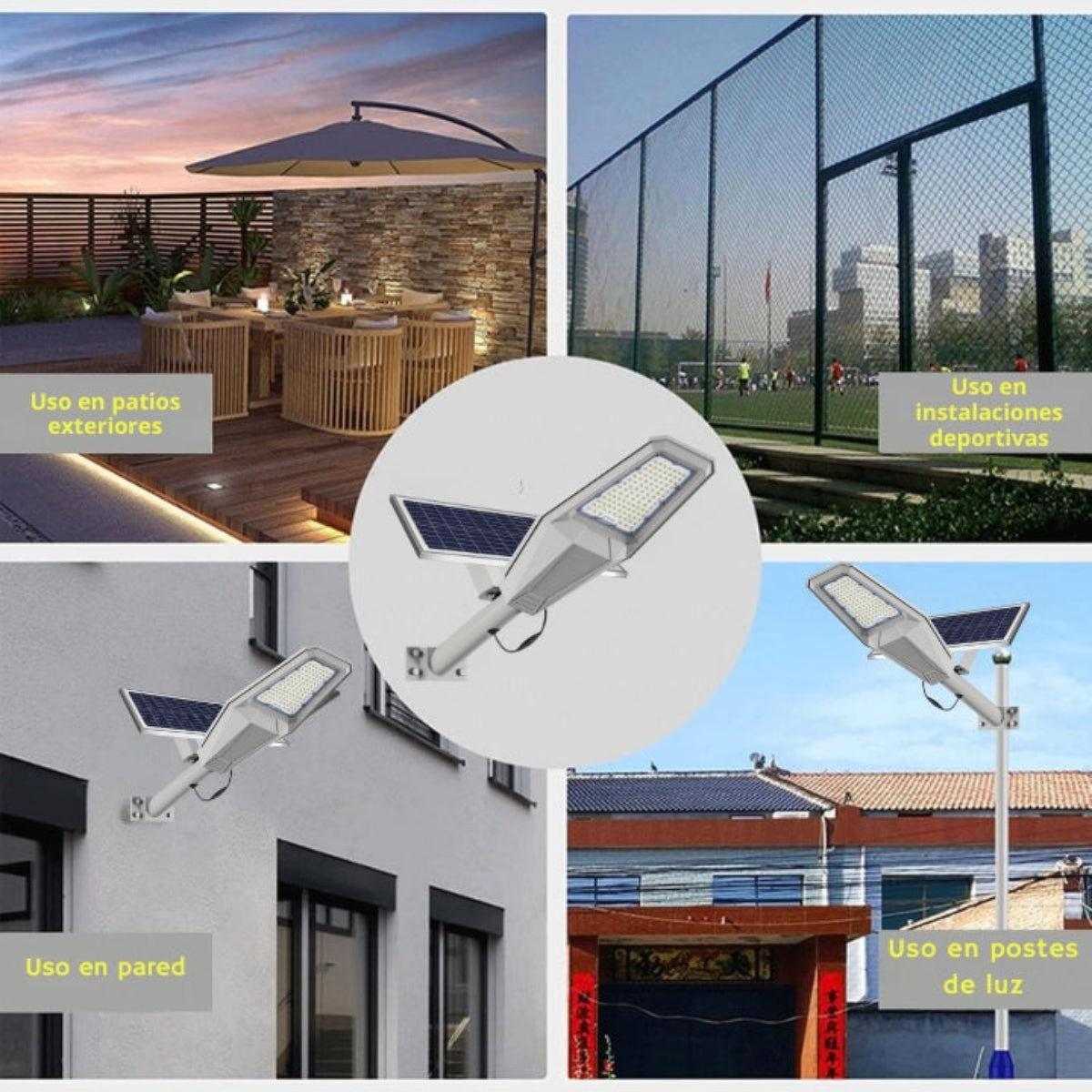 Farolas solares en diferentes entornos: patio, instalaciones deportivas, pared y postes de luz.
